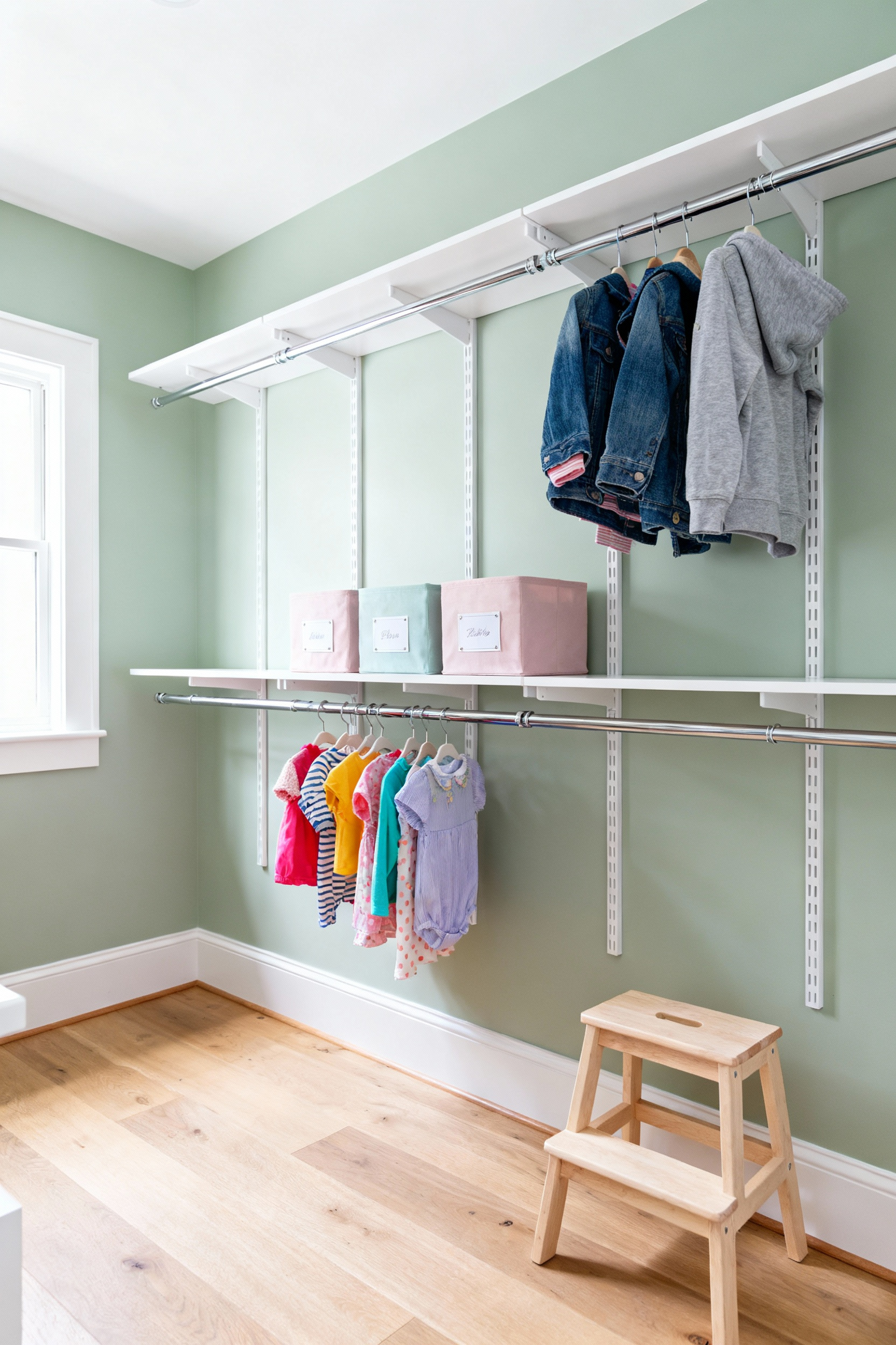 A bright, modular children's closet with adjustable wire shelving and rods at different heights, demonstrating a future-proofed system for toddler to teen clothes.