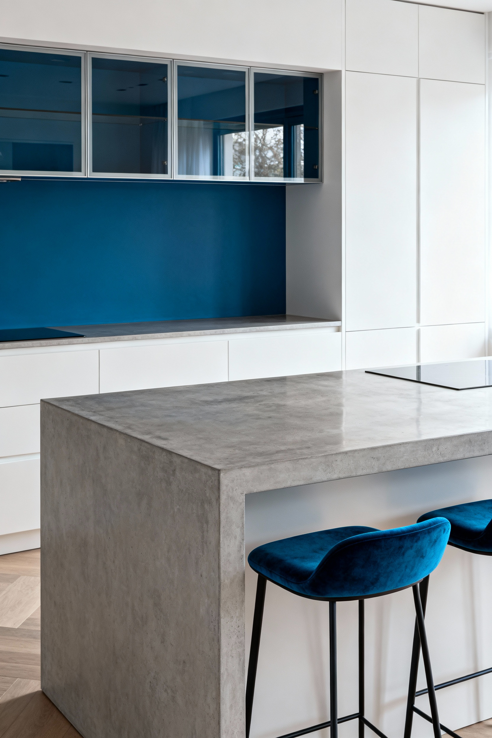 Modern urban kitchen with white cabinets, concrete countertops, and strategic deep cerulean blue accent colors inside glass-front cabinets and on bar stool upholstery.