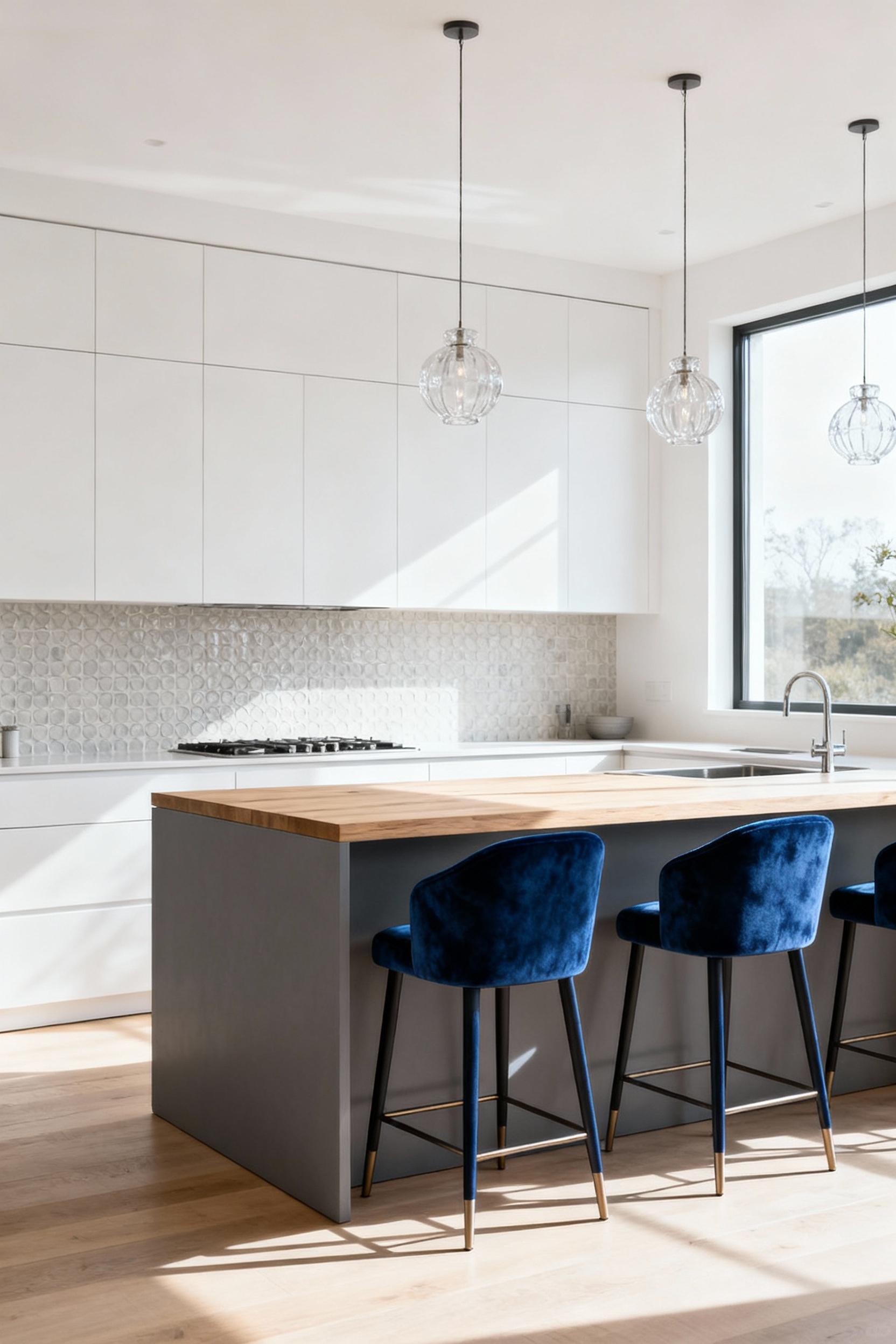 Modern kitchen interior showcasing the 60-30-10 color rule with dominant matte white cabinets, warm gray kitchen island and backsplash, and sapphire blue accent bar stools and pendant lights, bathed in natural light.