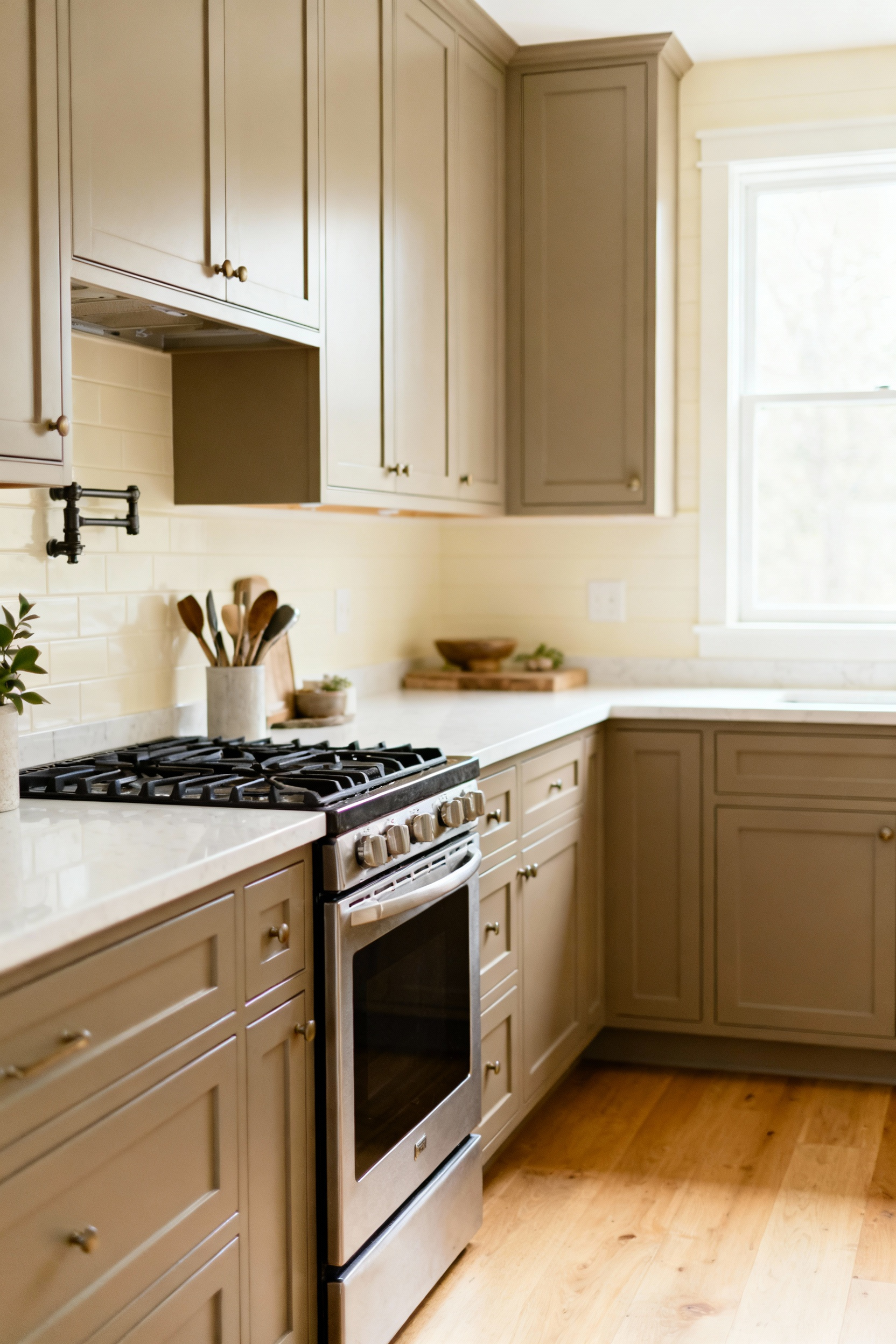 A professionally photographed modern kitchen interior with warm greige cabinets, light wood flooring, and soft white walls, demonstrating a perfectly harmonized color palette through consistent undertones, creating a serene and cohesive atmosphere. Bright natural light fills the room, accentuating the subtle interplay of colors.