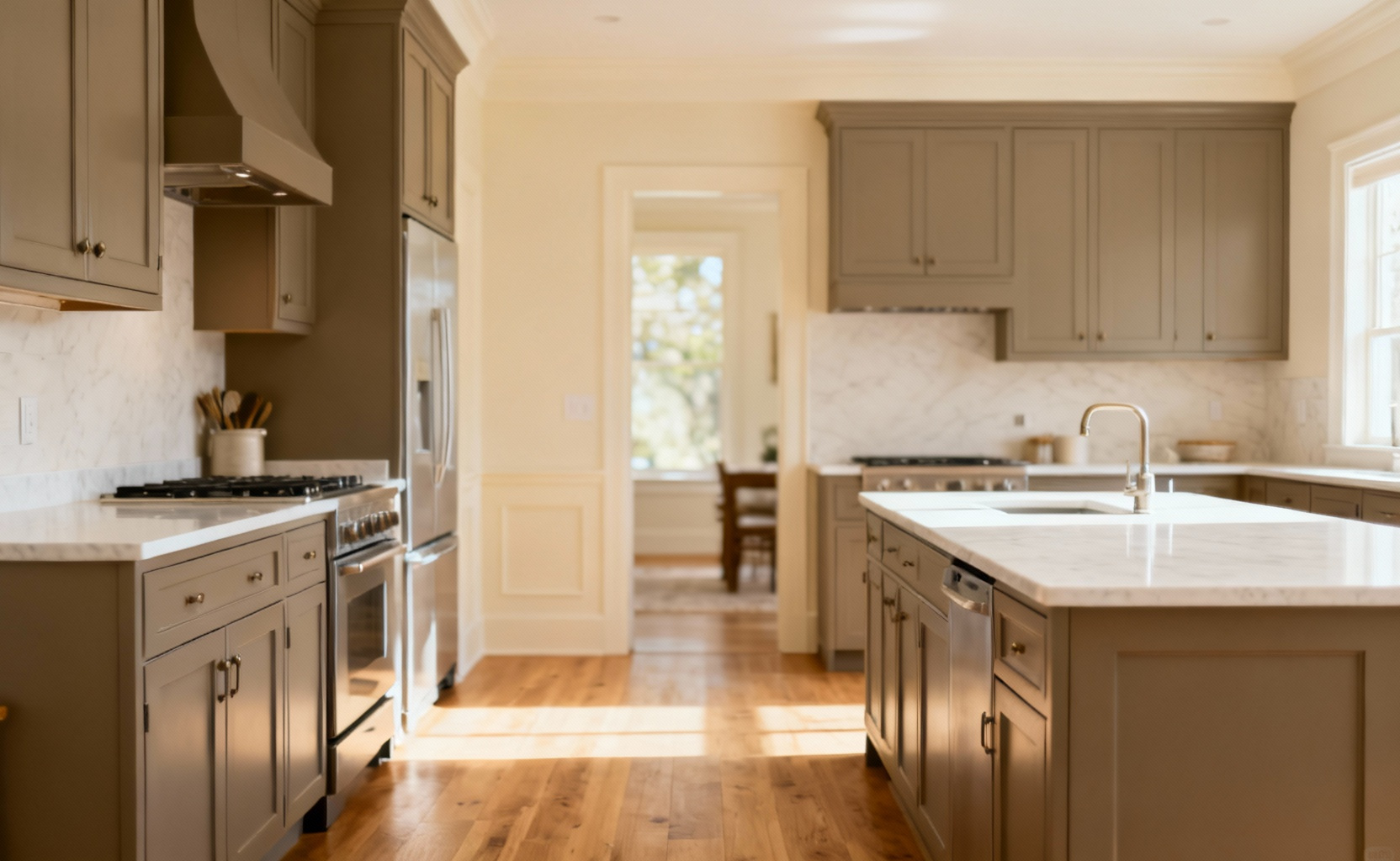 A professionally photographed modern kitchen interior with warm greige cabinets, light wood flooring, and soft white walls, demonstrating a perfectly harmonized color palette through consistent undertones, creating a serene and cohesive atmosphere. Bright natural light fills the room, accentuating the subtle interplay of colors.