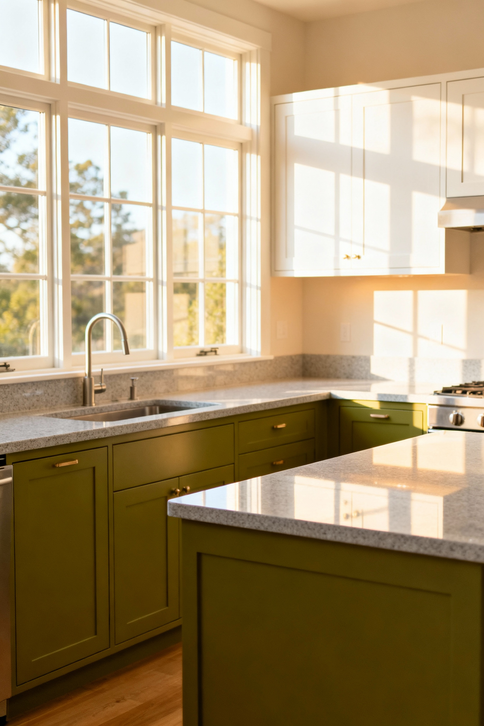 Modern kitchen with large windows, bright natural light illuminating olive green and warm white cabinets, showcasing enhanced color vibrancy and spaciousness.