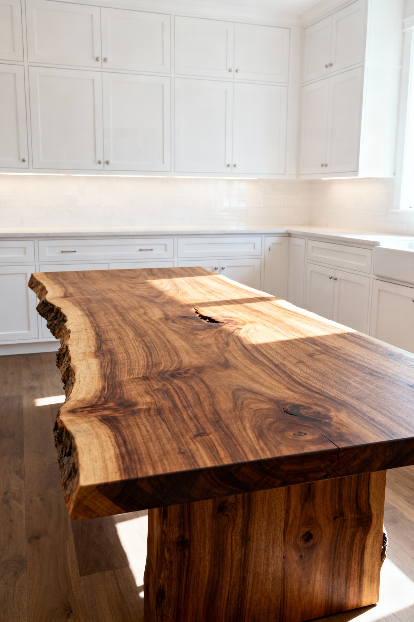 Modern kitchen interior showcasing a seamless blend of materials and colors between crisp white shaker cabinets and a warm, natural wood slab kitchen table under bright natural light, emphasizing design harmony.