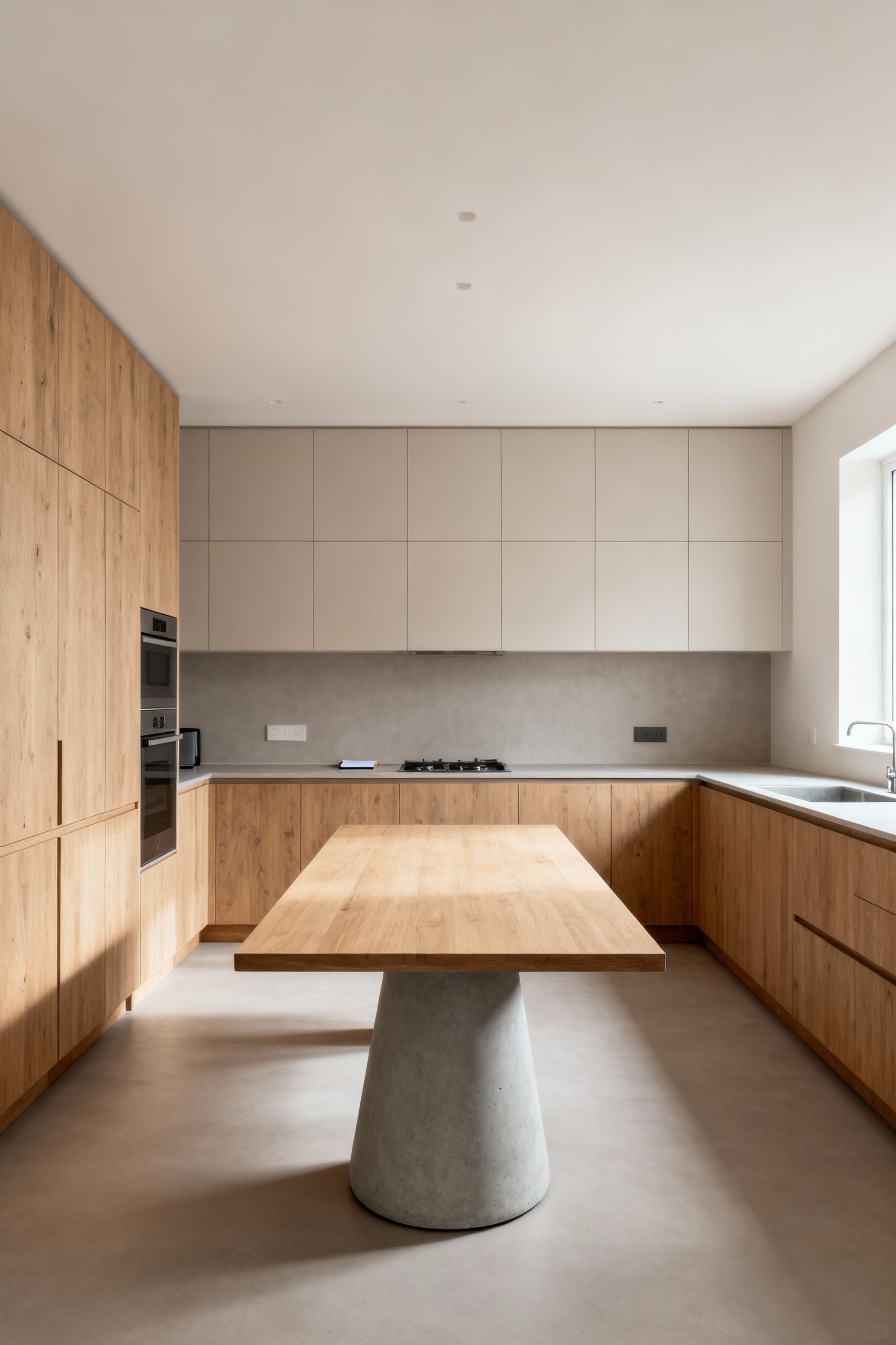 A modern kitchen interior featuring a perfectly sized dining table, allowing ample space for movement and clear pathways. The kitchen has contemporary design elements, natural light, and a spacious, uncluttered feel.