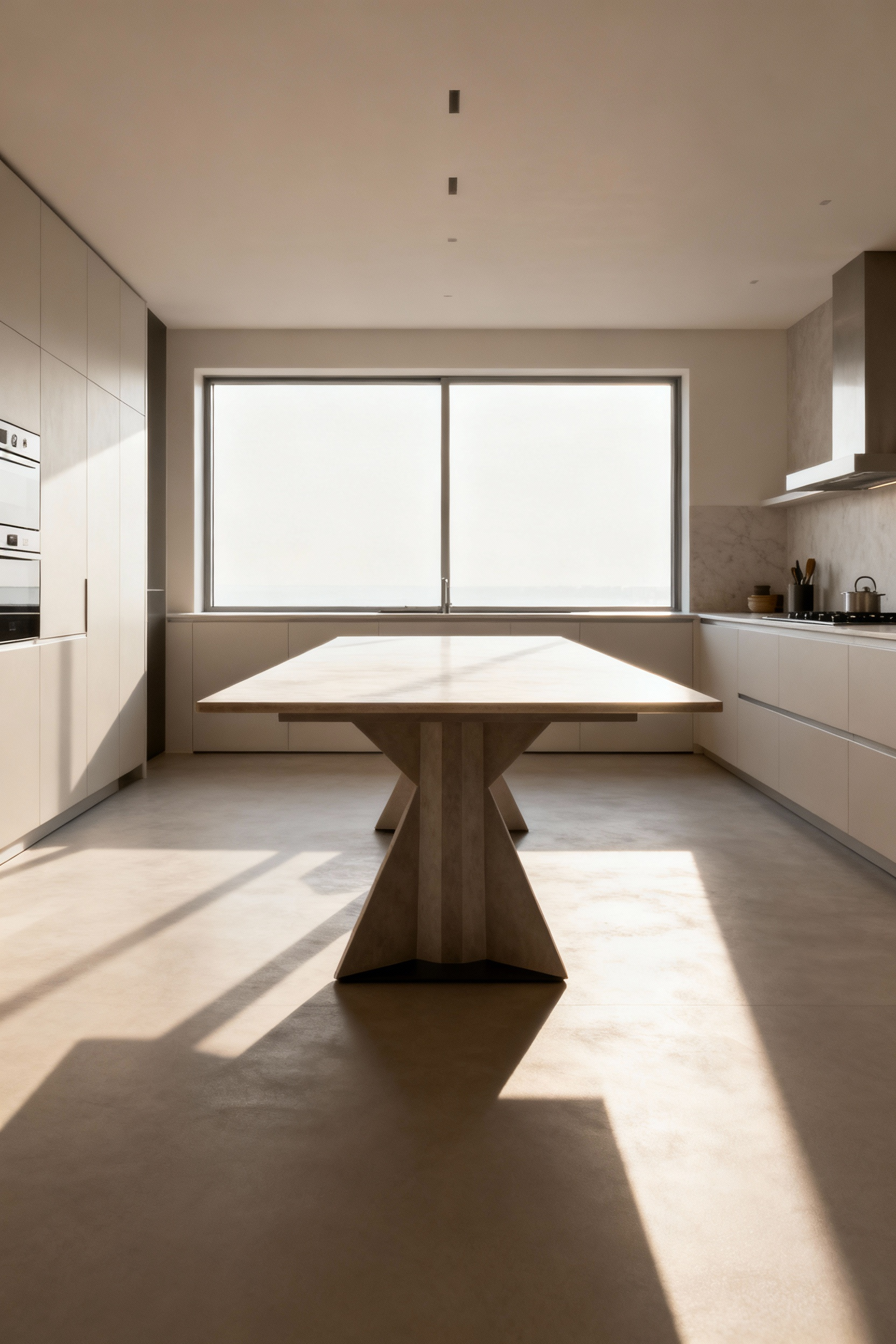 A modern kitchen table with ample clear space around it, illustrating optimal kitchen traffic flow for seamless movement and an uncluttered environment.