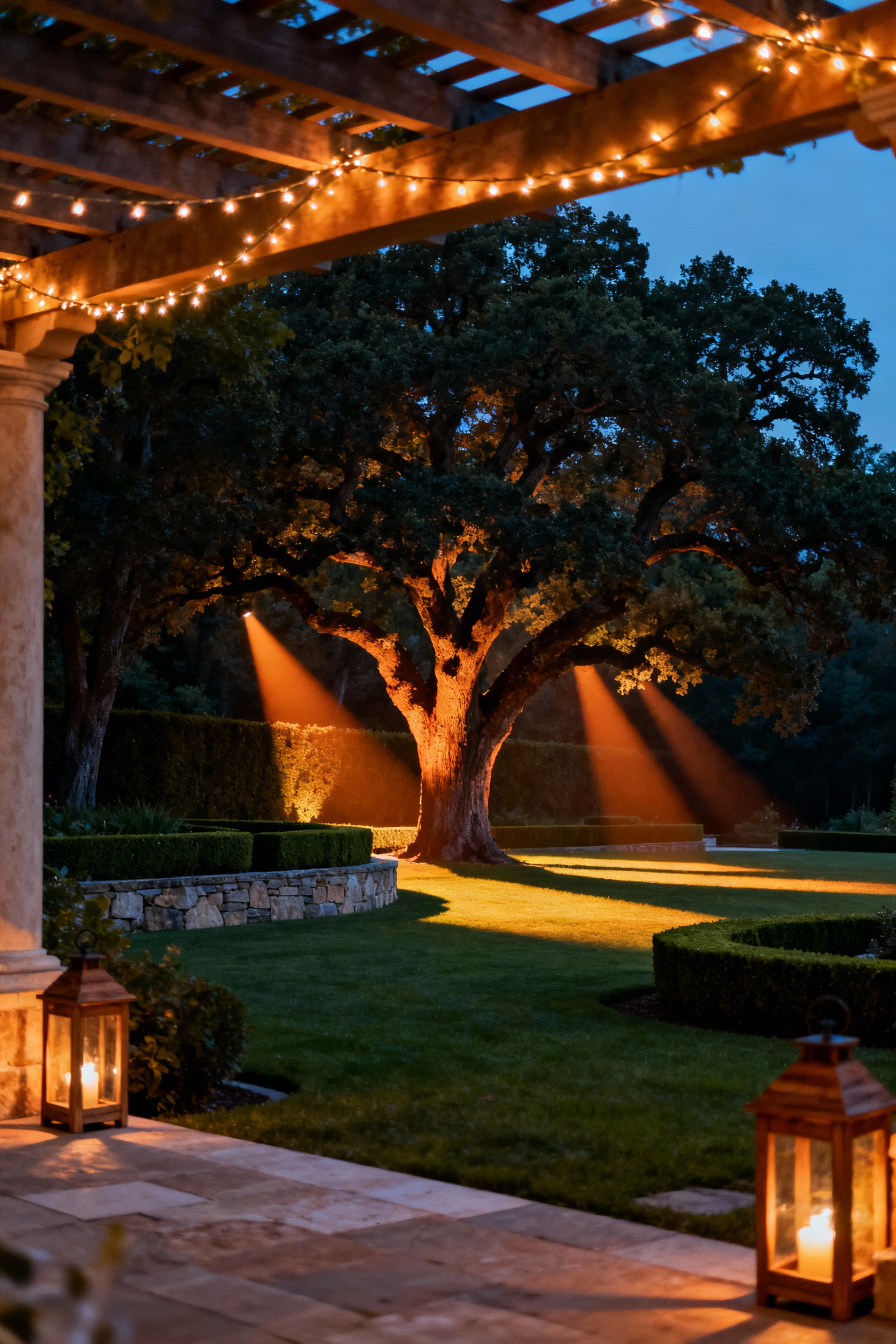 Professional wide-angle photograph of an elegant backyard patio at twilight showing the transition from bright social lighting to dramatic, low-level cinematic landscape uplighting.