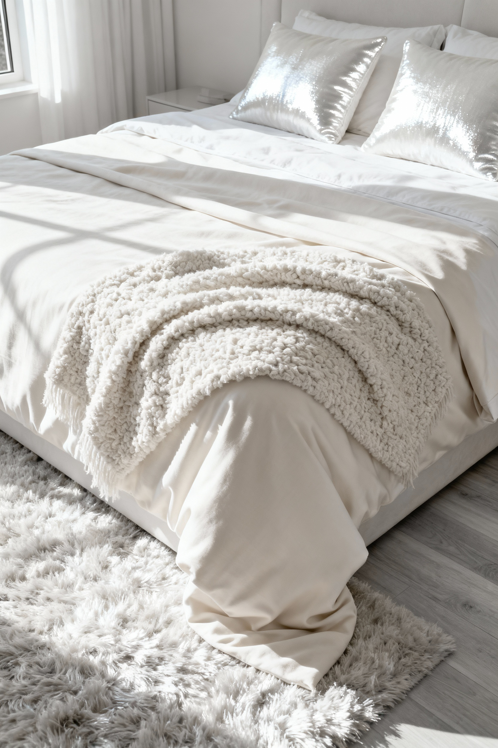 A serene, luxurious white bedroom interior focused on textural contrast, featuring layered bedding of crisp sateen, matte linen, opposing rough chunky wool, and smooth velvet, all illuminated by soft morning light.