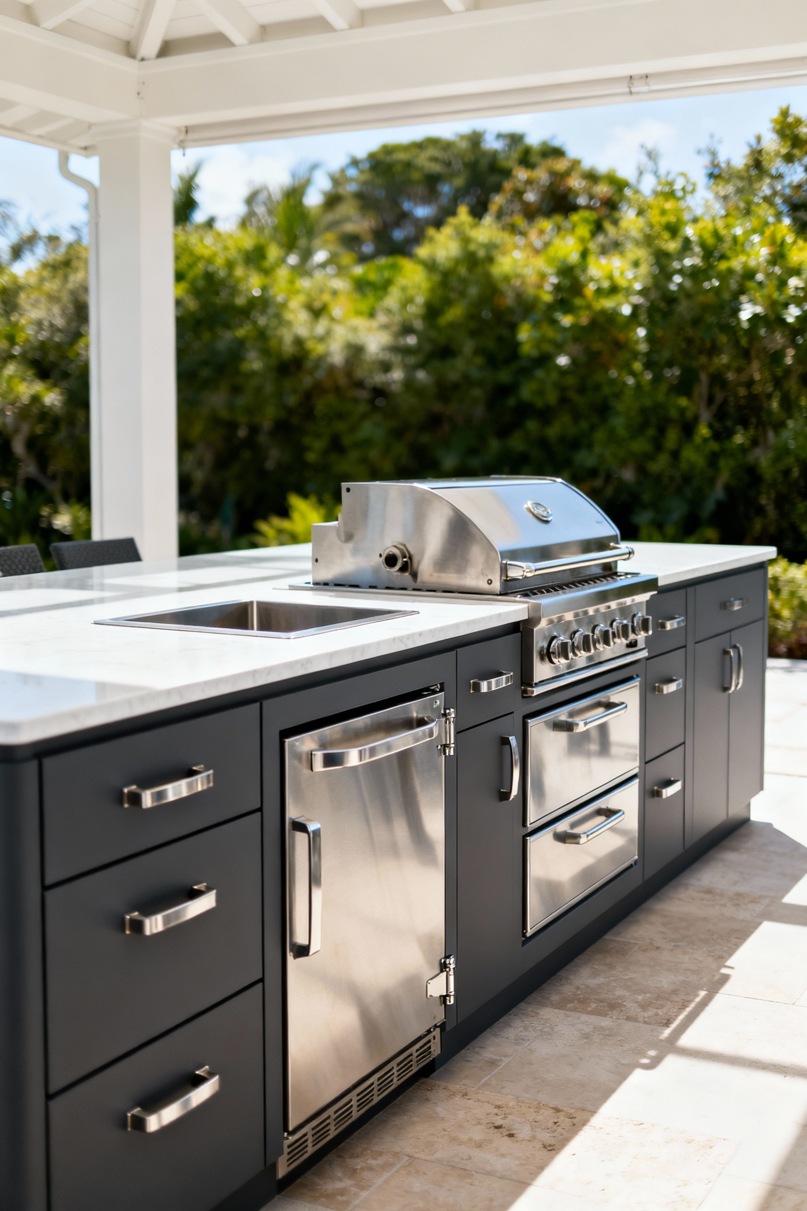 Sleek outdoor kitchen featuring durable charcoal Marine-Grade HDPE cabinets paired with 304 Stainless Steel hardware and appliances on a modern patio.