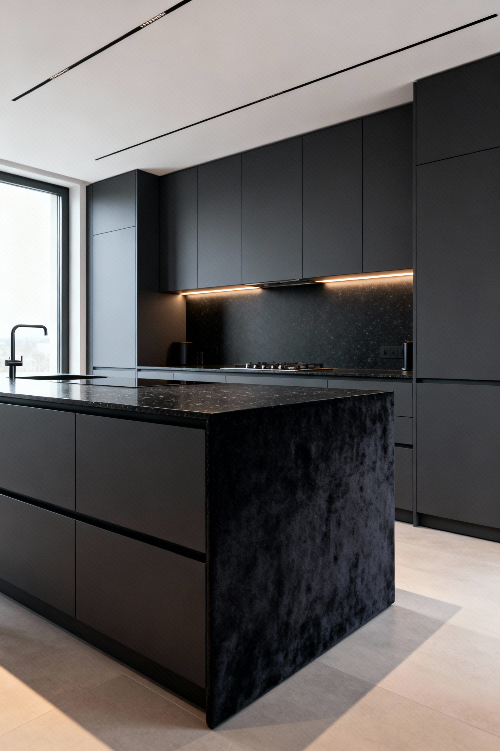 Wide shot of a luxurious modern kitchen featuring seamless slate gray super-matte cabinets and a large island, illuminated by soft, diffused light.