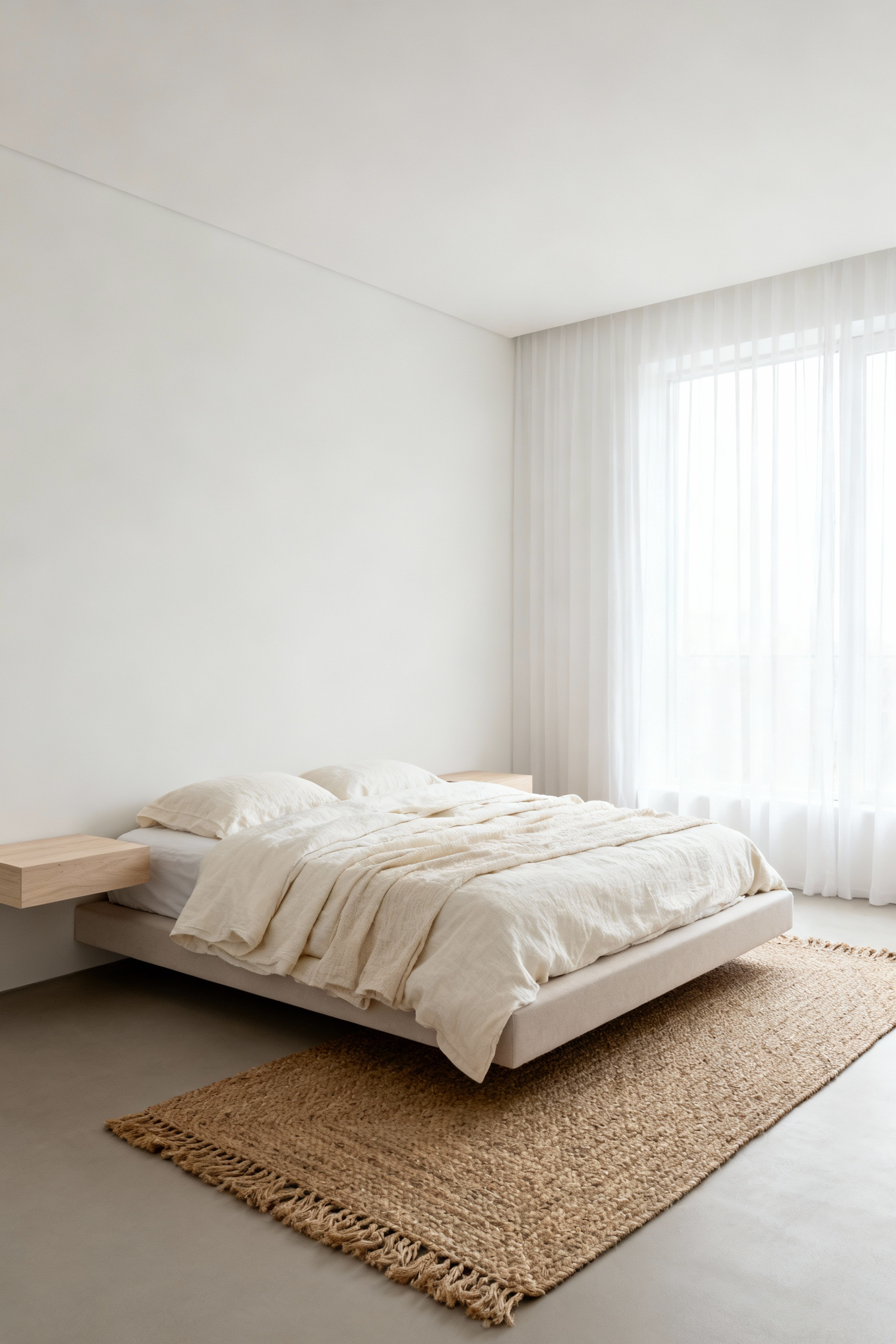 A serene, minimalist white bedroom featuring flat, matte white paint on the walls designed to absorb light and create a tranquil, glare-free environment.