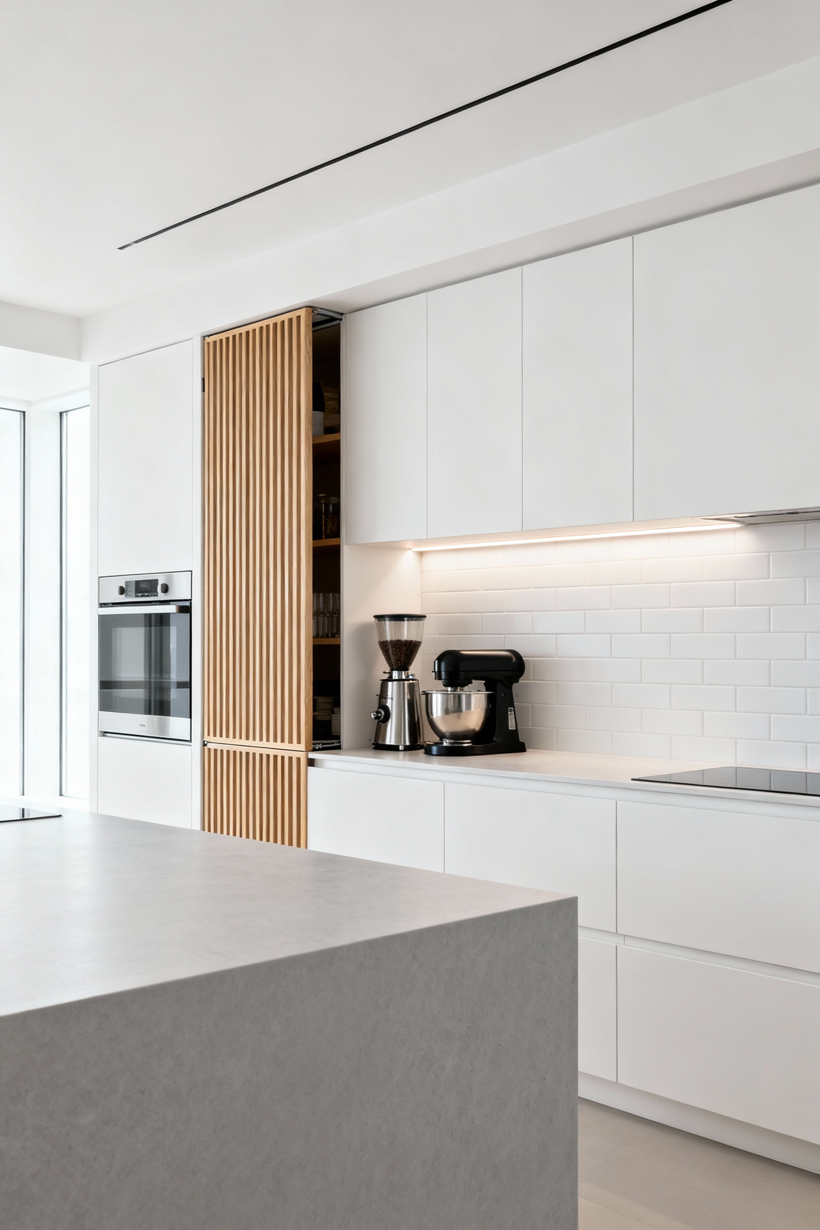 A minimalist modern kitchen countertop with a partially open light oak appliance garage revealing internal storage for a coffee grinder and stand mixer, showcasing concealed organization.