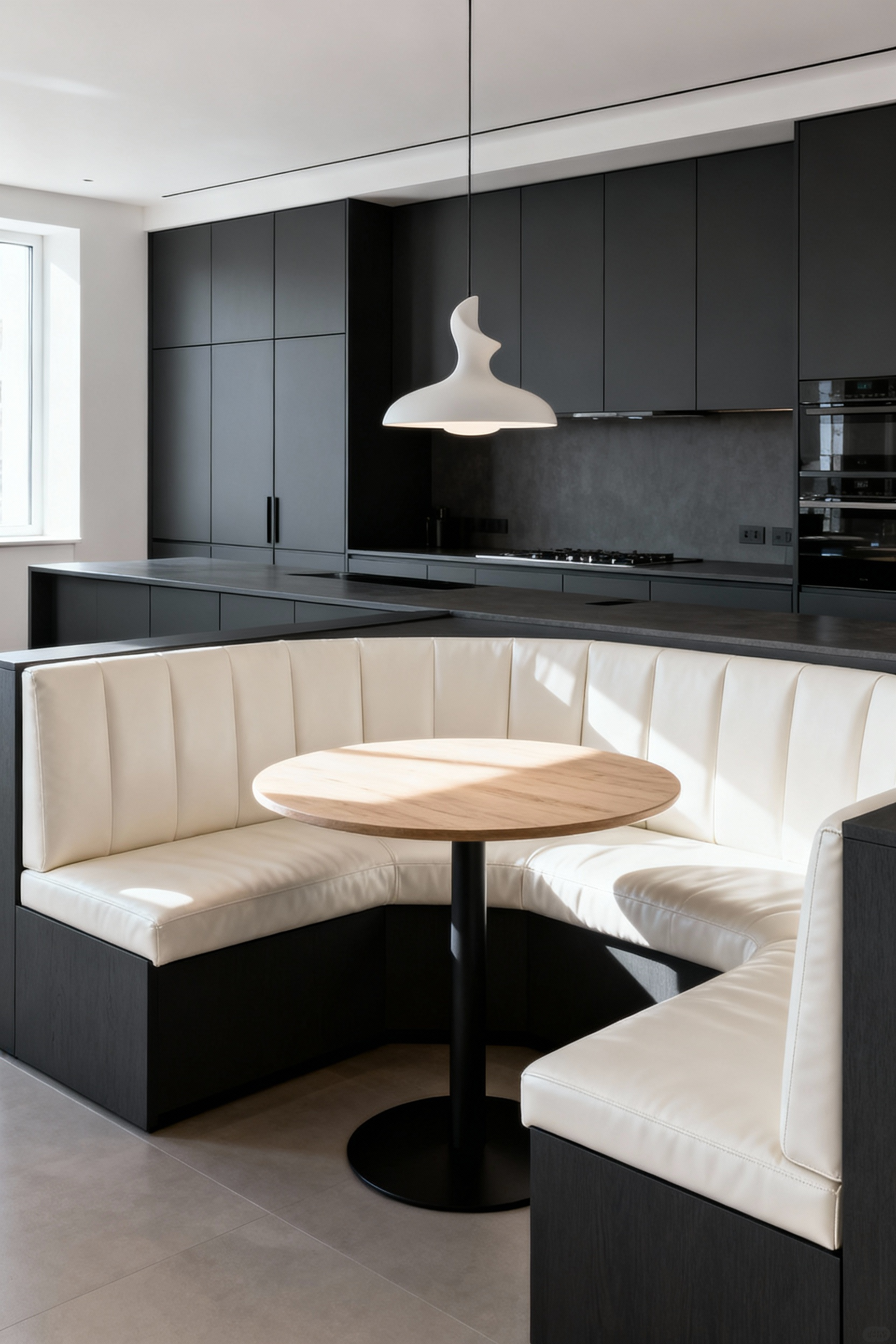 A photograph of a built-in modern kitchen banquette with a matte slate gray base that seamlessly matches the surrounding contemporary cabinetry, upholstered in resilient light gray performance fabric.