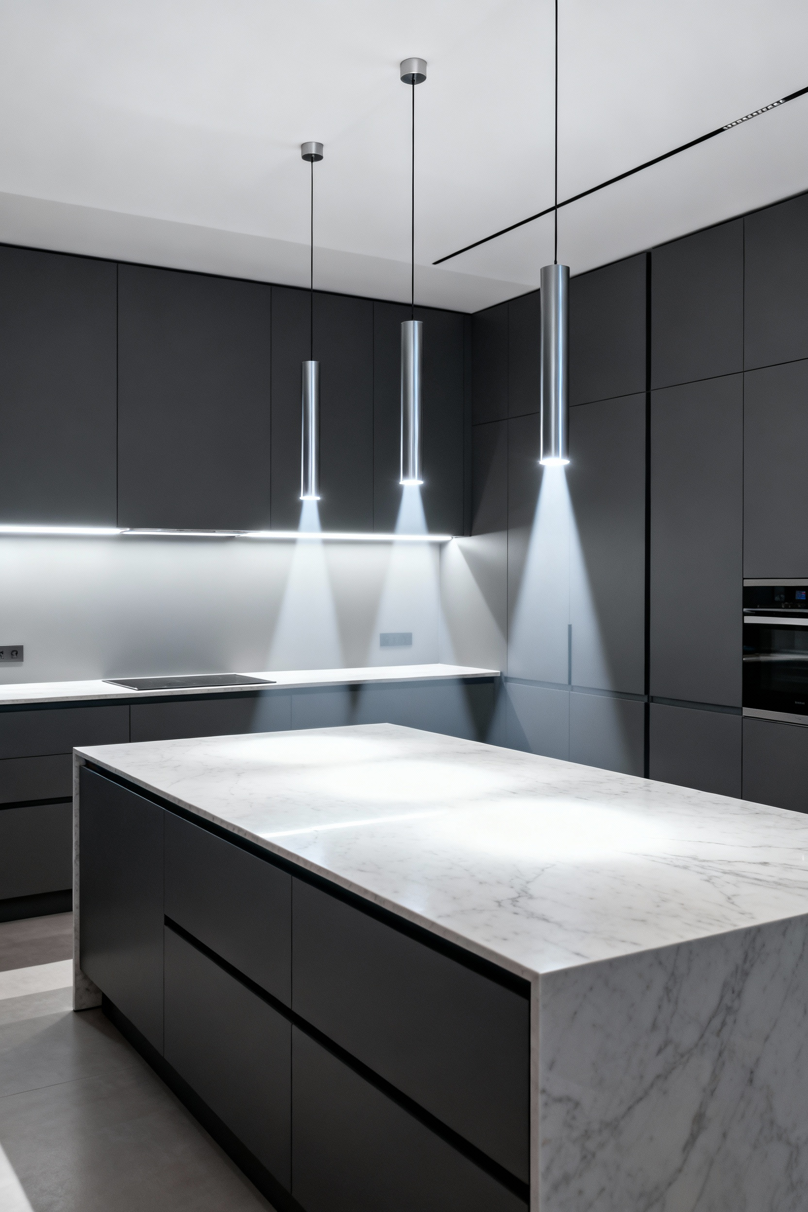 Modern kitchen illuminated by bright, focused neutral white task lighting (4000K) from under-cabinet strips and downward-focused island pendant lights, highlighting a seamless high-velocity workspace setup.