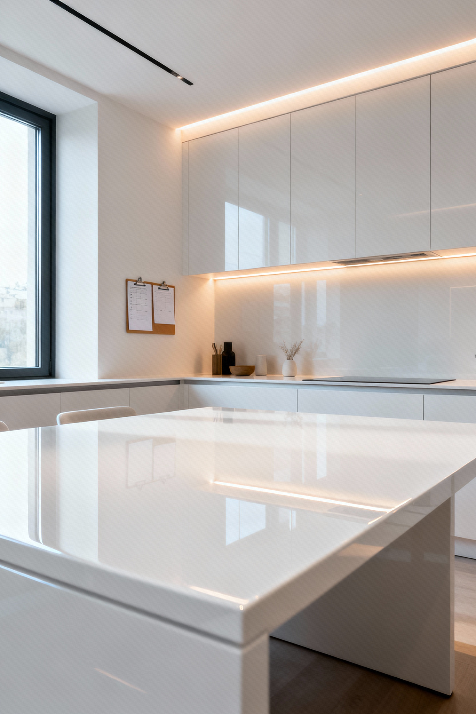 A modern kitchen table with a high-gloss white lacquered finish reflecting natural light, set in a contemporary kitchen. The table surface is pristine, showcasing its durability and light-enhancing qualities.