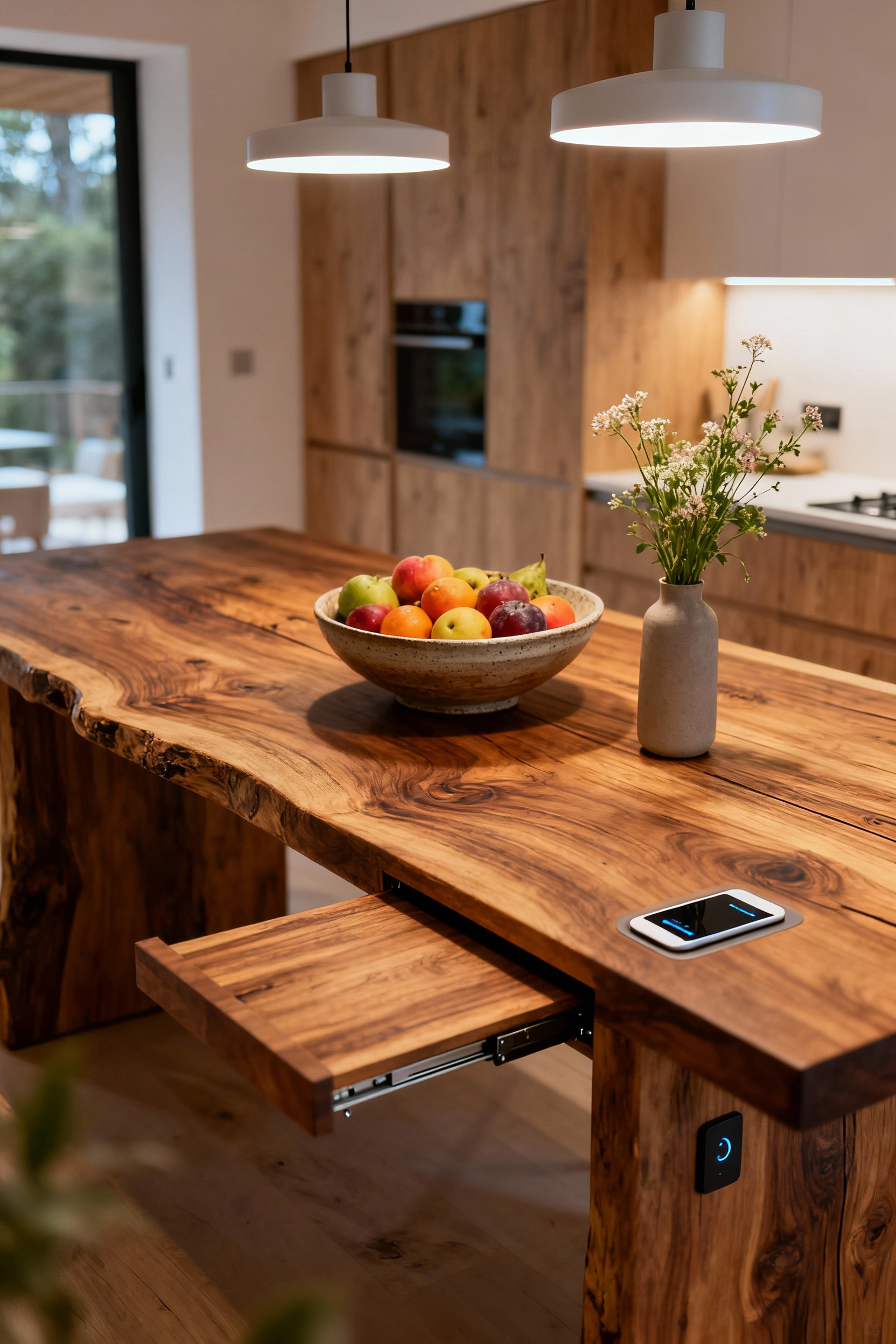 A modern kitchen table designed as a multi-functional culinary hub, featuring natural materials, elegant lighting, and integrated smart features, embodying an inviting and experiential space.