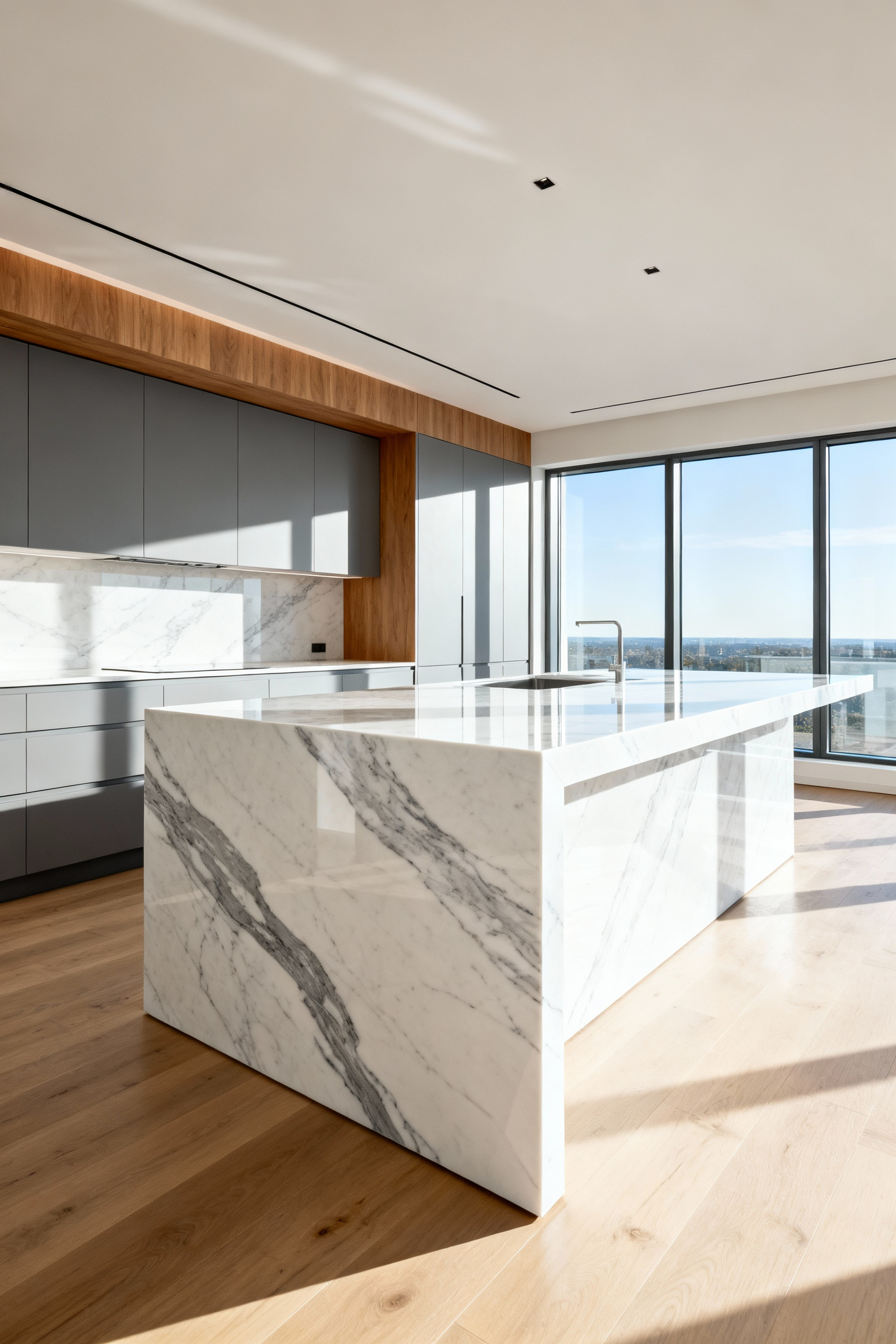 A photograph showcasing a modern open-concept kitchen anchored by a large, monolithic island featuring a pristine white quartz countertop with a seamless waterfall edge.