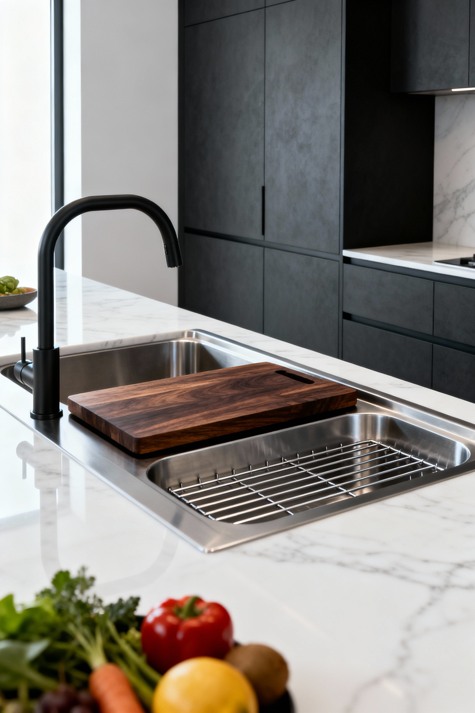 Full view of a modern charcoal gray kitchen showcasing a large stainless steel tiered workstation sink with integrated cutting board and drying rack accessories.