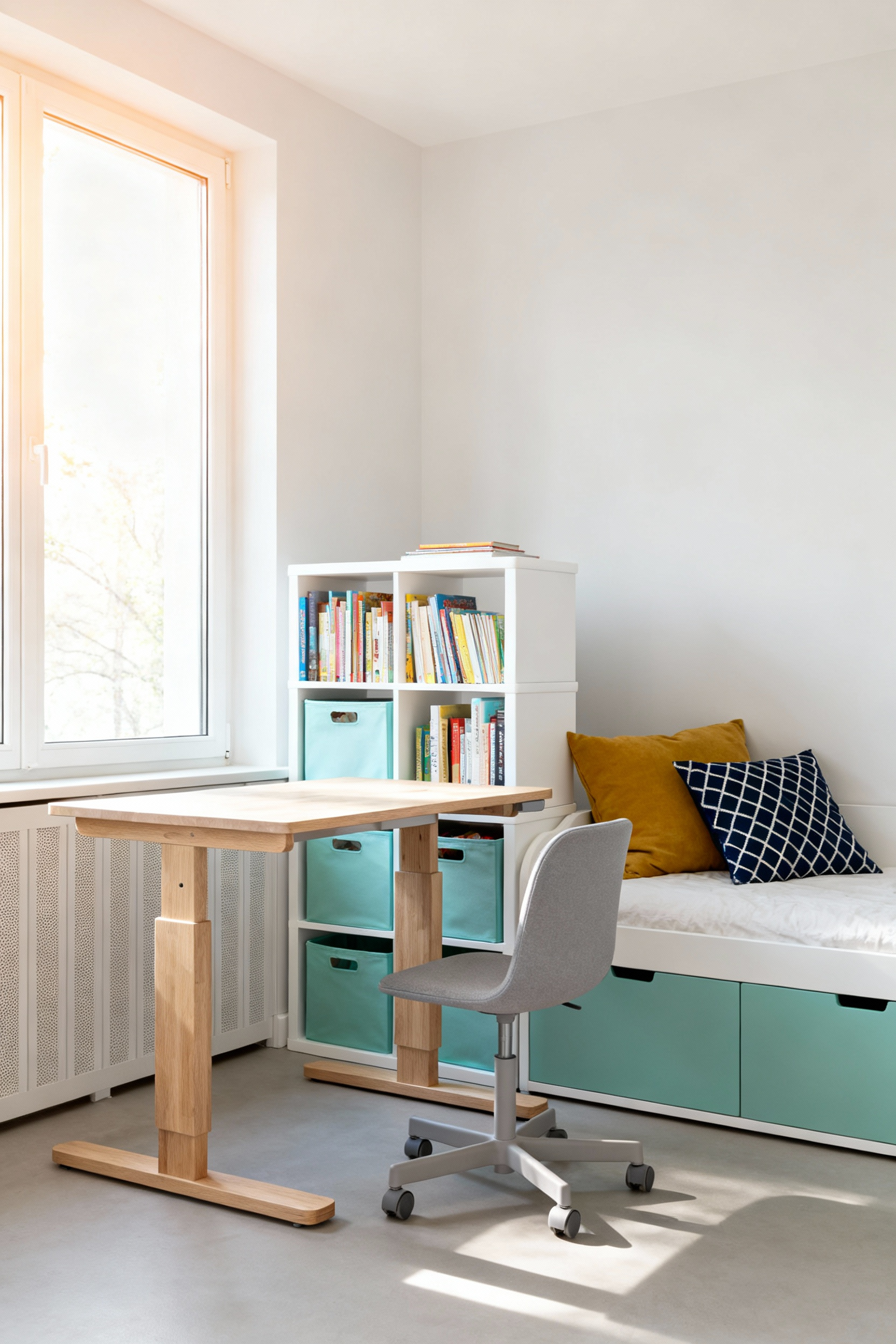 Bright, organized modular bedroom for an intermediate-aged child featuring adaptable, height-adjustable light wood furniture and a convertible daybed.