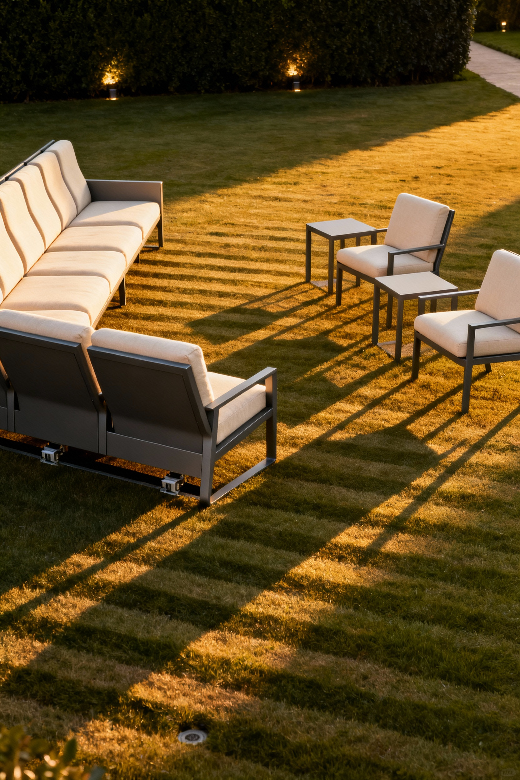 A detailed photograph of a large, perfectly manicured lawn showcasing modular outdoor furniture systems; a large sectional is configured for a viewing party on the left, while smaller units are separated into conversational groupings on the right, highlighting versatility.