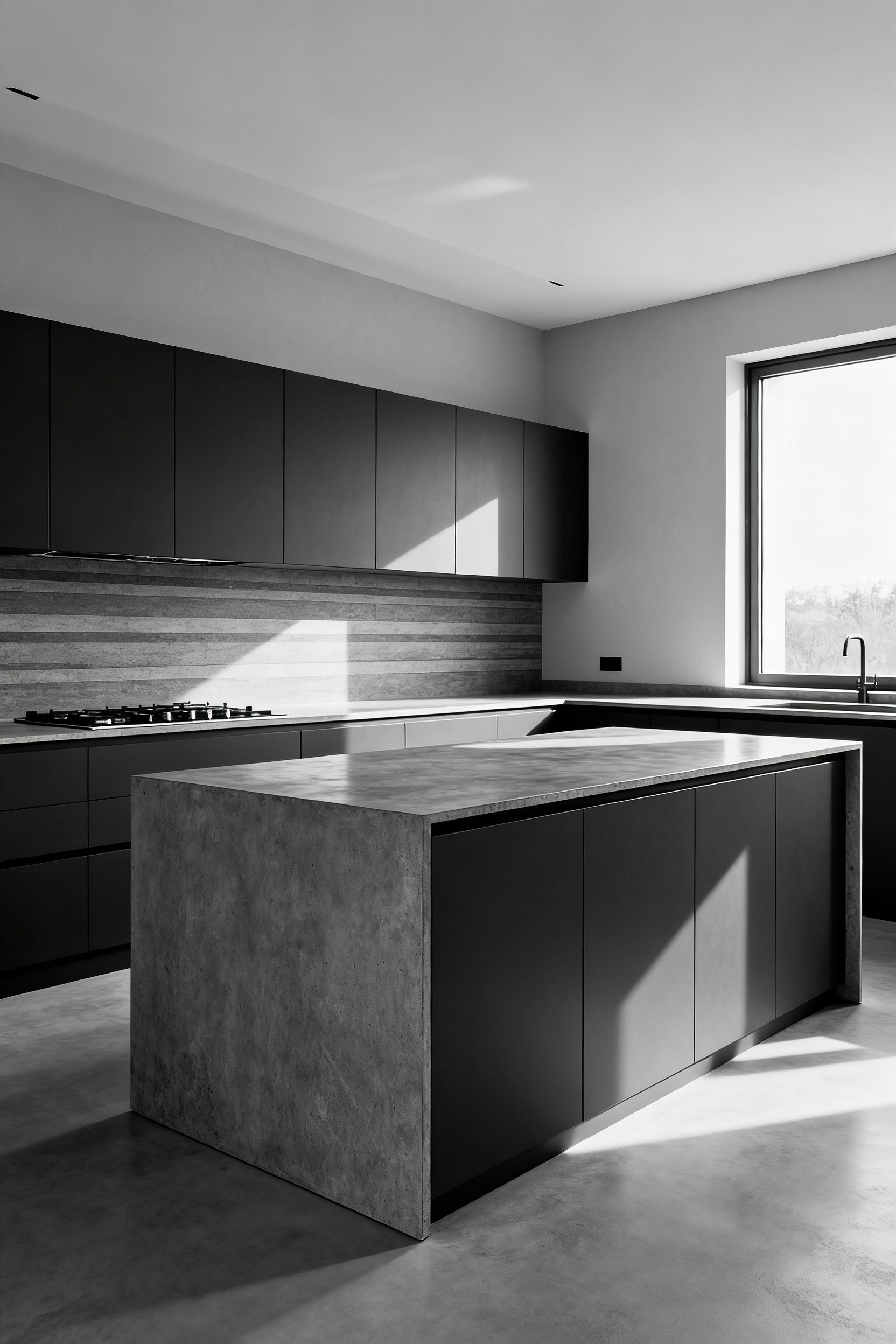 A modern kitchen interior featuring a sophisticated monochromatic cool-grey color palette, highlighting varied textures and finishes under natural light.