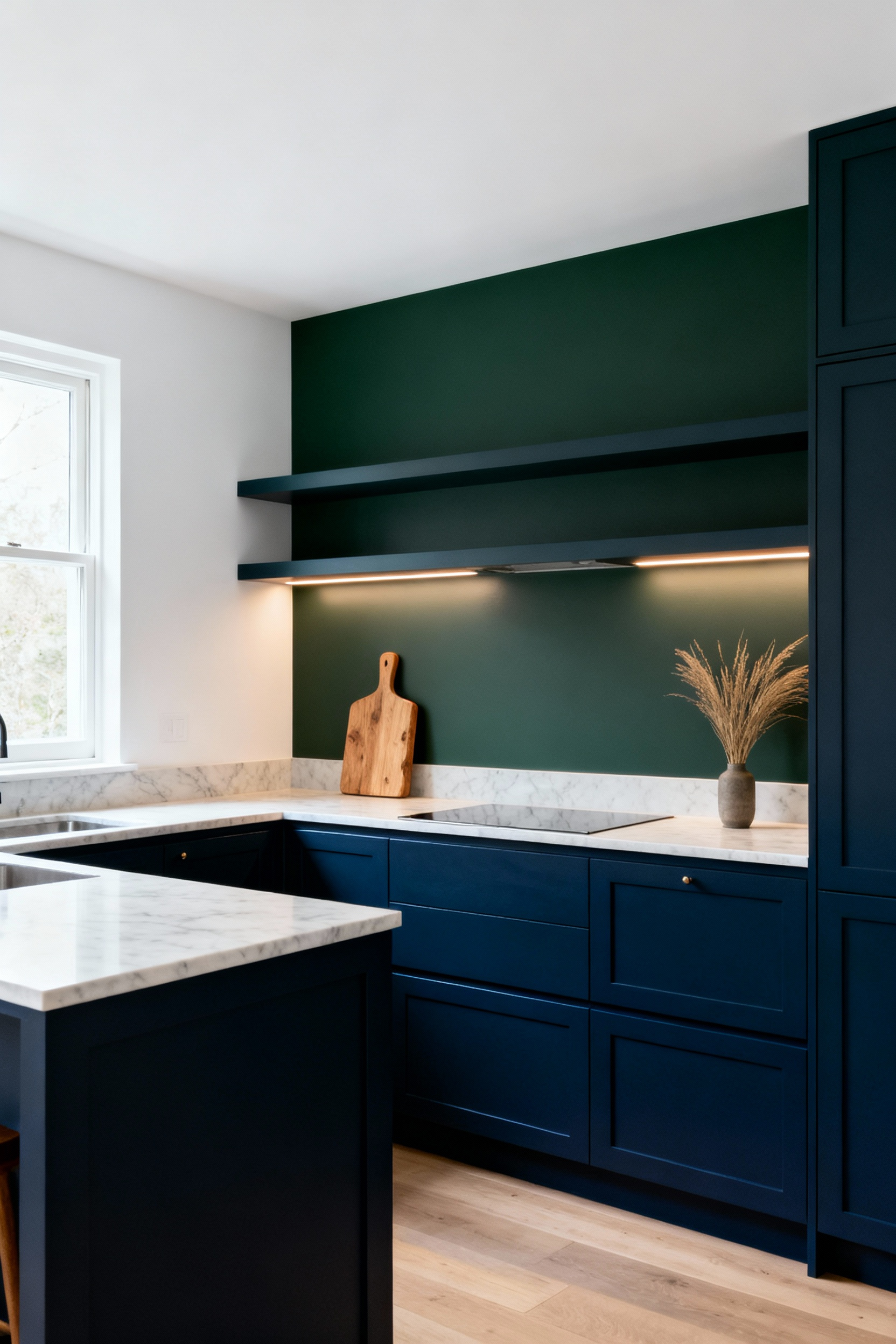 A sophisticated small kitchen featuring deep matte navy blue lower cabinets contrasted sharply with white upper walls, illustrating how dark colors recede to create a greater sense of height and expansive depth.