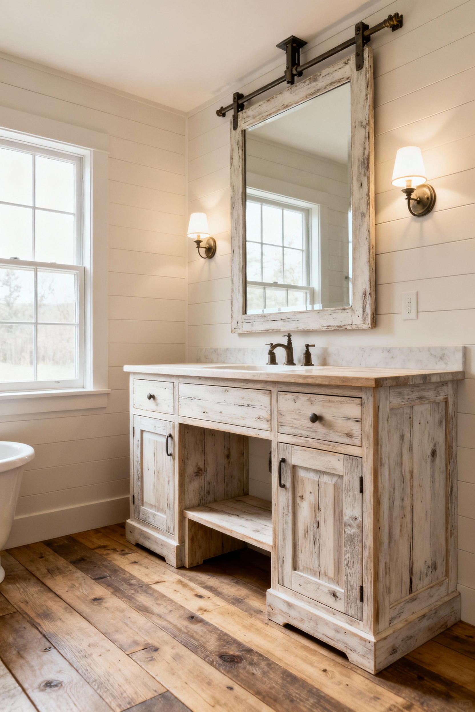 A thoughtfully designed farmhouse bathroom vanity with adaptable heights and an adjustable mirror, showcasing multi-generational accessibility and rustic elegance.