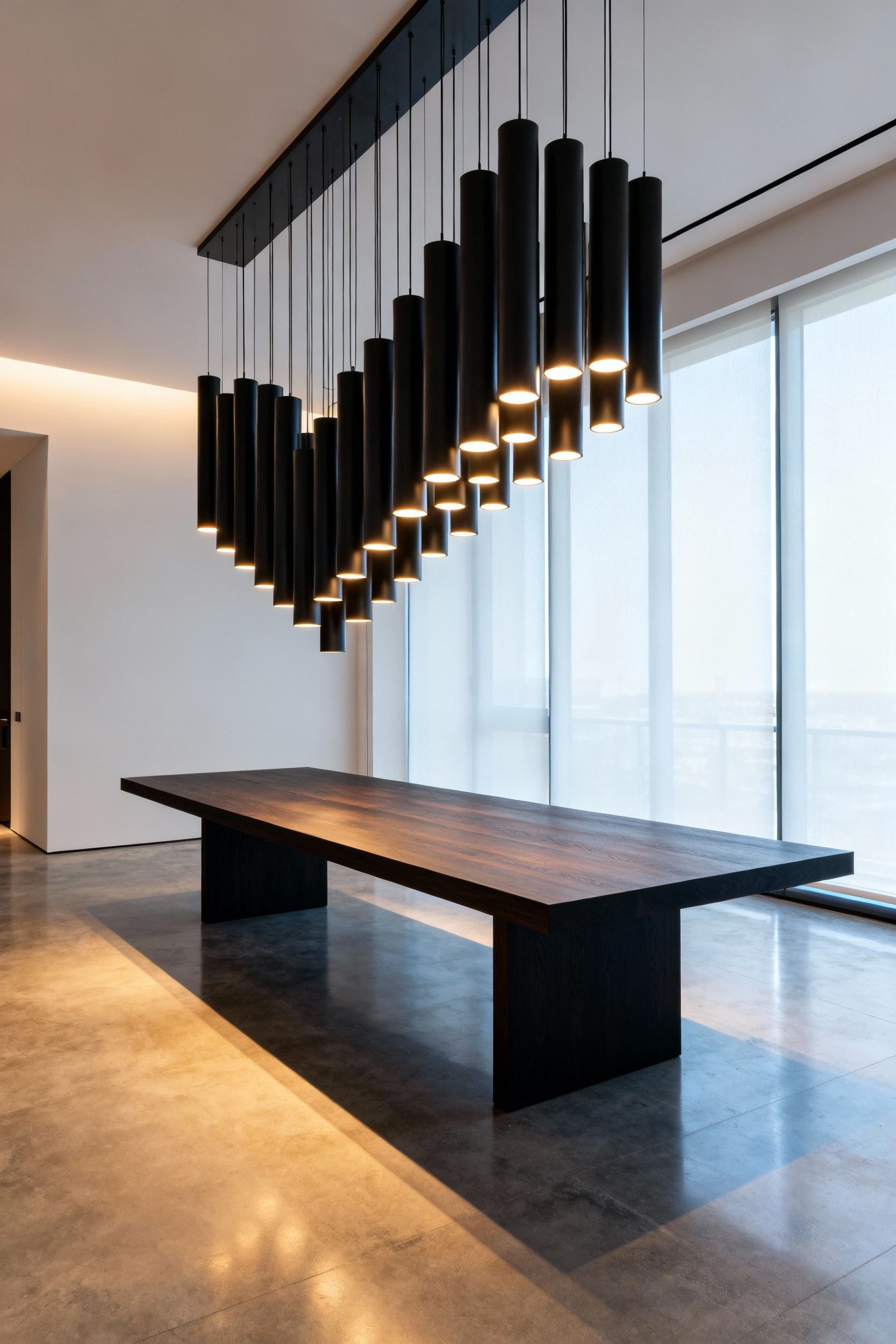 A dynamic multi-pendant cluster light fixture featuring 18 staggered matte black cylinders hangs over a dark walnut dining table in a contemporary, minimalist dining room setting.