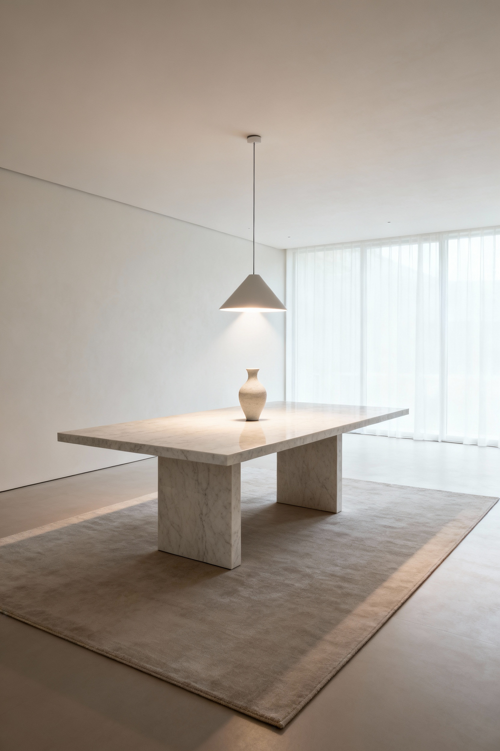 A modern kitchen table surrounded by generous, uncluttered negative space, highlighting its elegant presence. Features a minimalist centerpiece, pendant lighting, and a defining area rug.