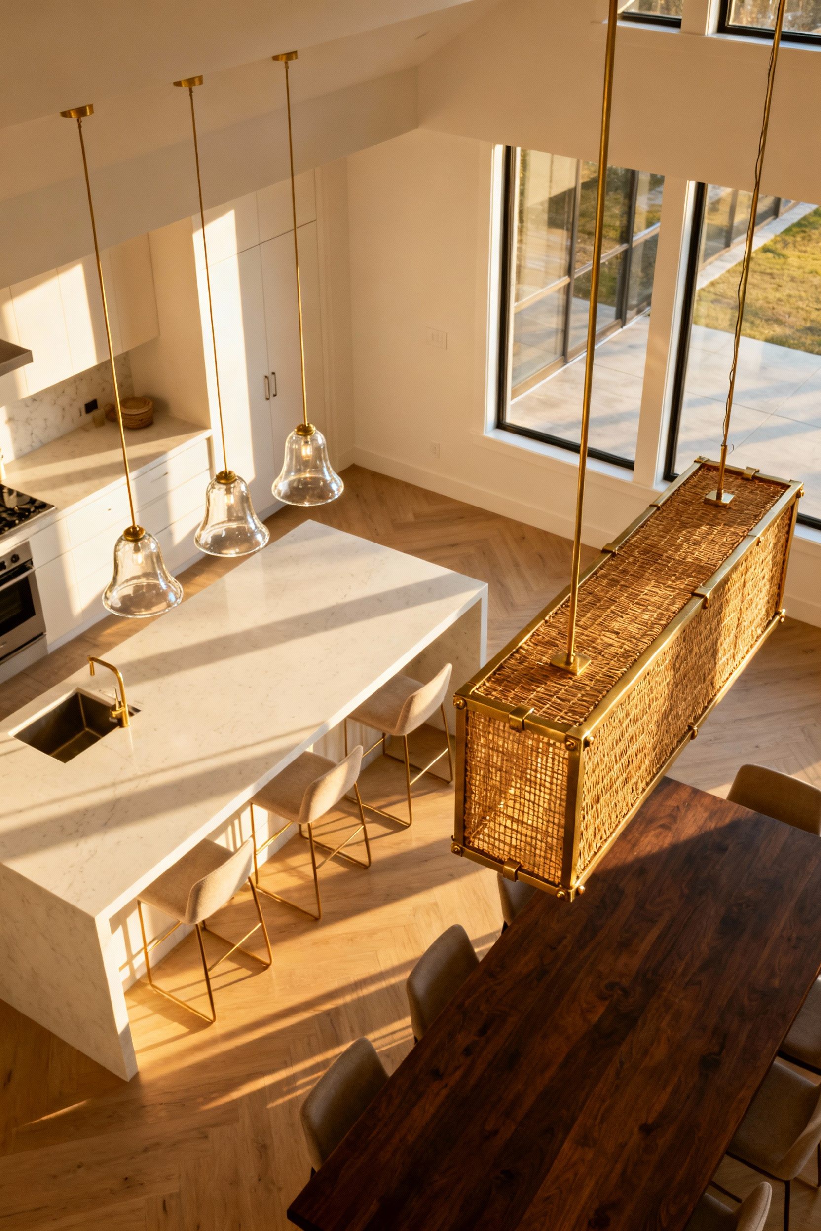 Open concept kitchen and dining room showing non-matching but harmonizing light fixtures, with airy brass and glass island pendants contrasting with a large woven rattan dining chandelier.