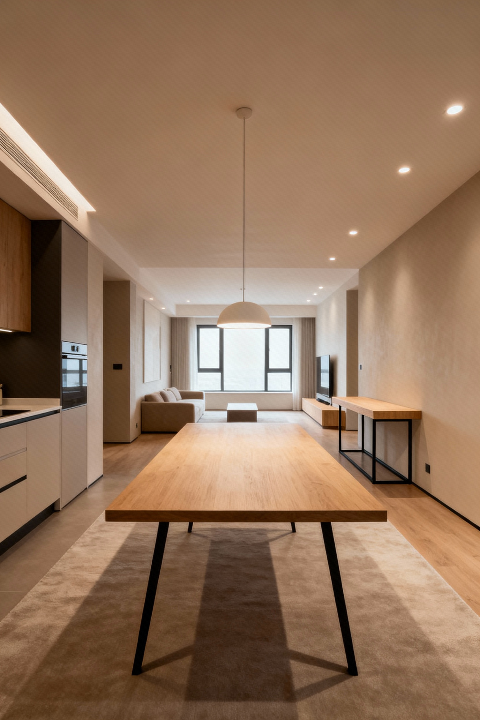 Modern open-concept kitchen and living area with a sleek light oak dining table with black metal legs. The table visually extends into an adjacent living space featuring a matching console, all unified by consistent neutral tones, soft ambient lighting, and elegant design flow. The image shows the dining area and part of the living room, emphasizing spatial coherence without people.