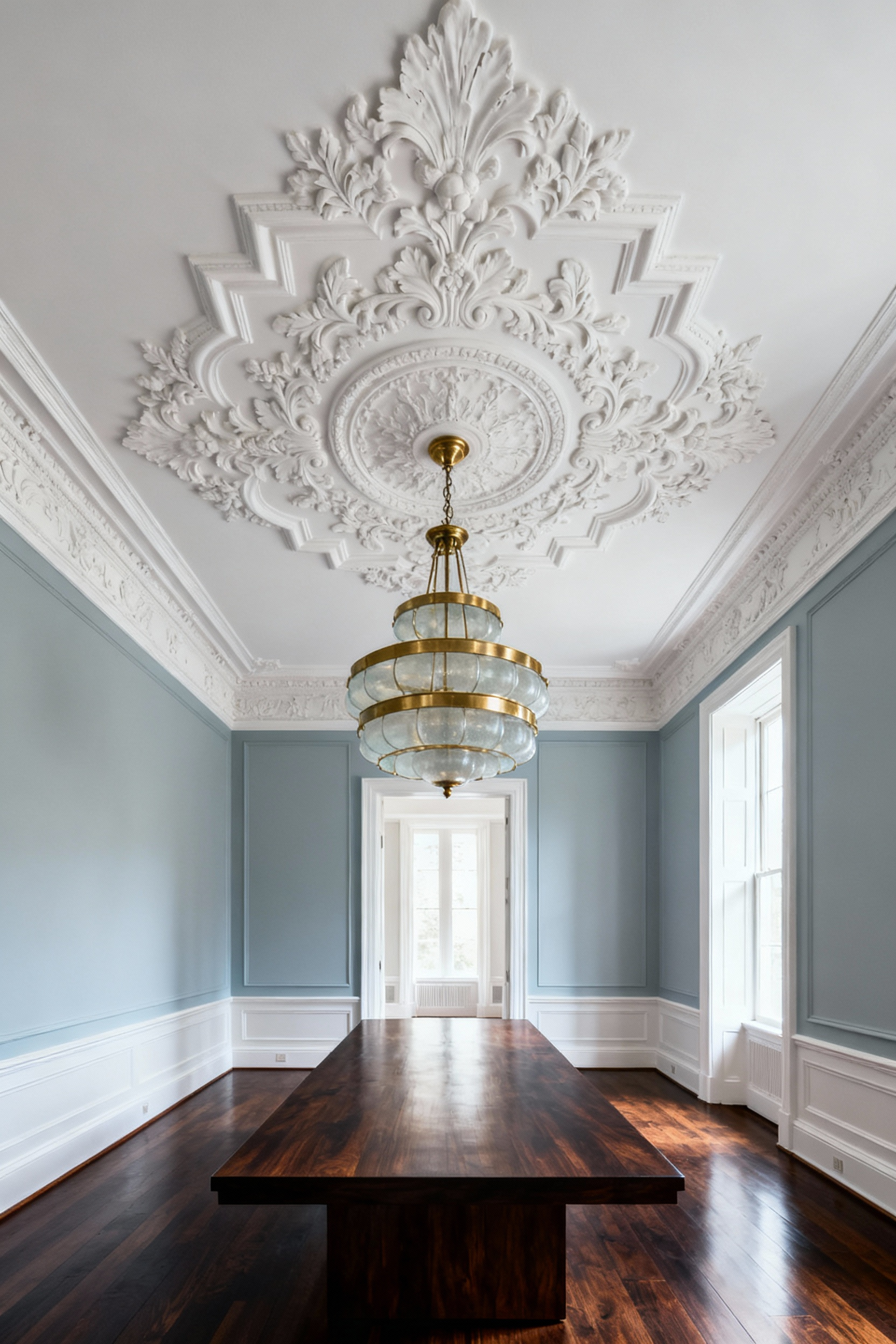 Elegant dining room showcasing a large tiered brass chandelier perfectly centered within an ornate white plaster ceiling medallion above a walnut dining table.
