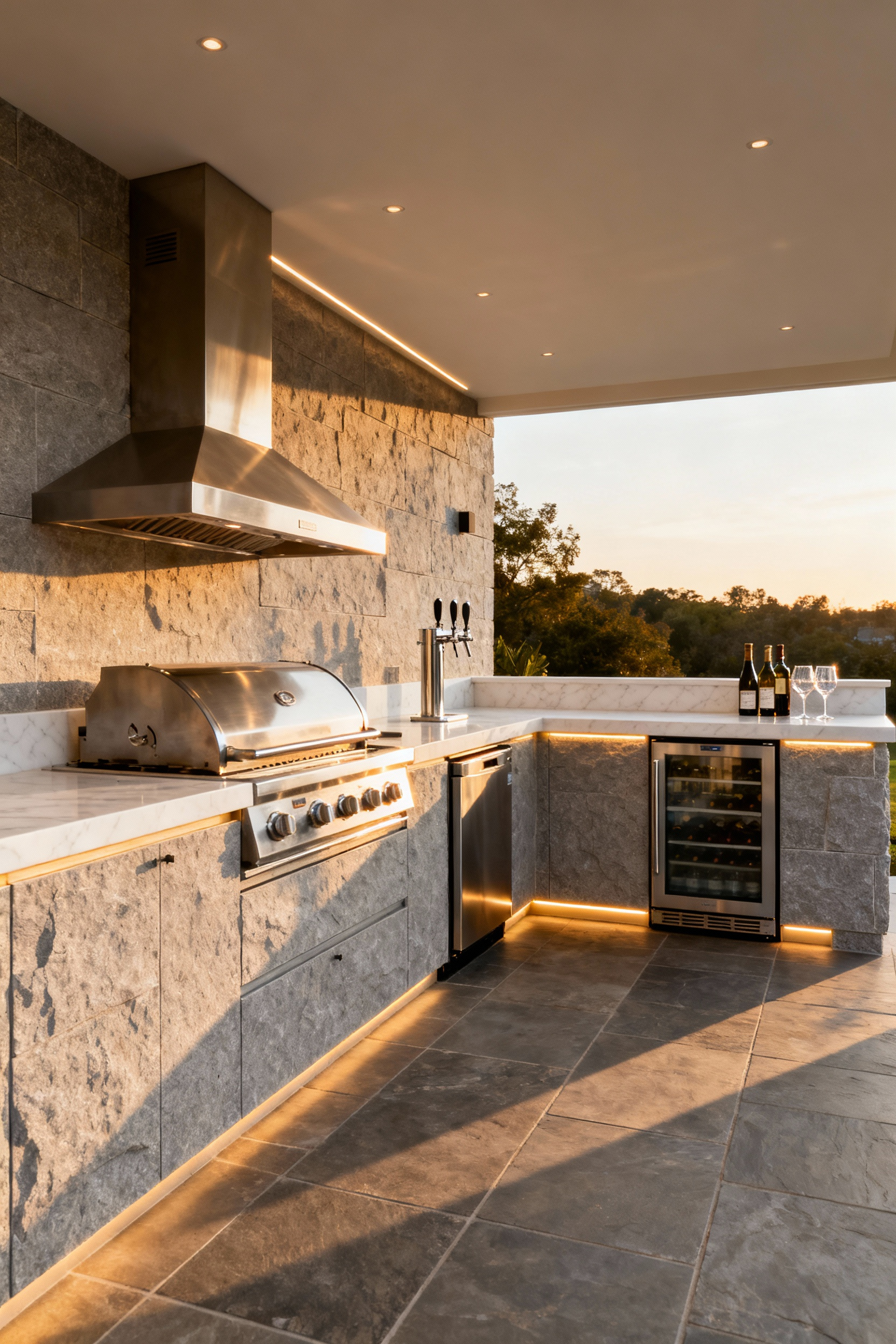 A wide shot of a luxury outdoor kitchen showcasing functional traffic flow, where the primary stainless steel grill station is separated by ample space from a dedicated, self-serve beverage center featuring a built-in kegerator and wine fridge under a light stone countertop, illuminated by warm evening light.