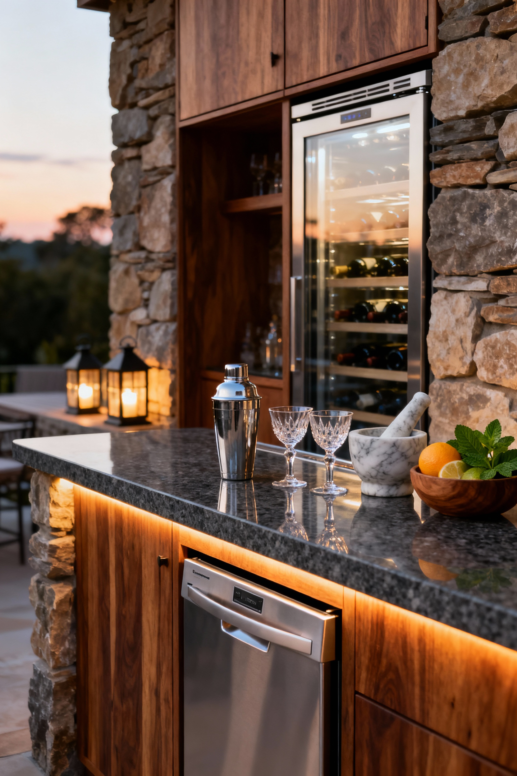 High-end outdoor kitchen cocktail station featuring integrated stainless steel wine fridge and ice maker set into a dark granite countertop with teak wood cabinetry, designed for seamless hosting and entertaining.
