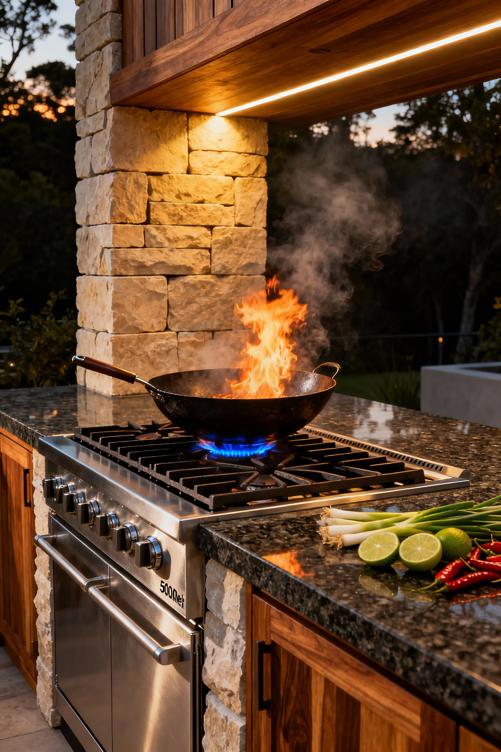 High-BTU side power burner integrated into a luxury outdoor kitchen island with a wok cooking over an intense flame, perfect for high-heat frying and instant boiling.