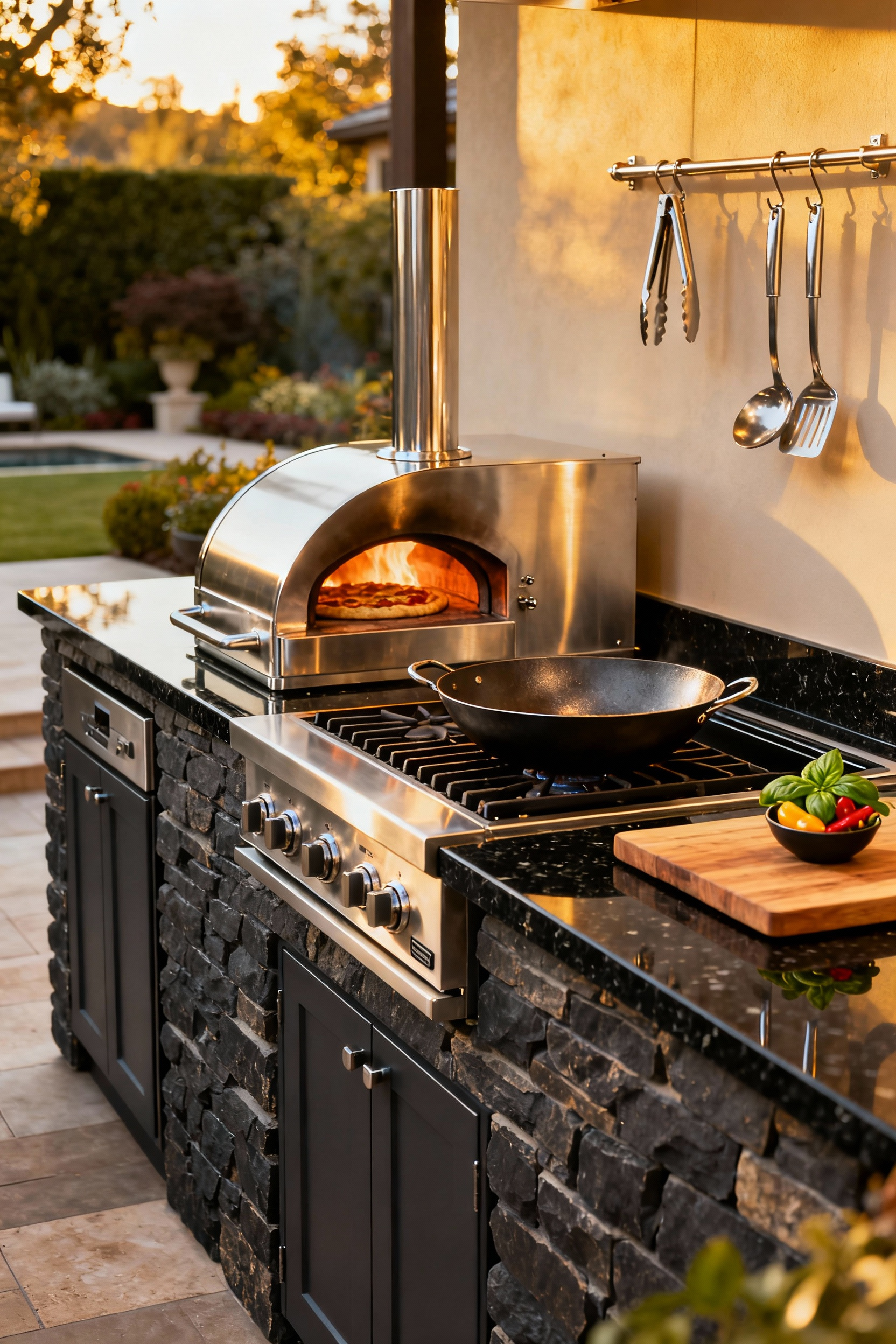 A professional-grade outdoor kitchen setup featuring a stainless steel built-in pizza oven, a high-BTU power burner station with a wok, and a flat-top griddle, emphasizing serious culinary equipment.
