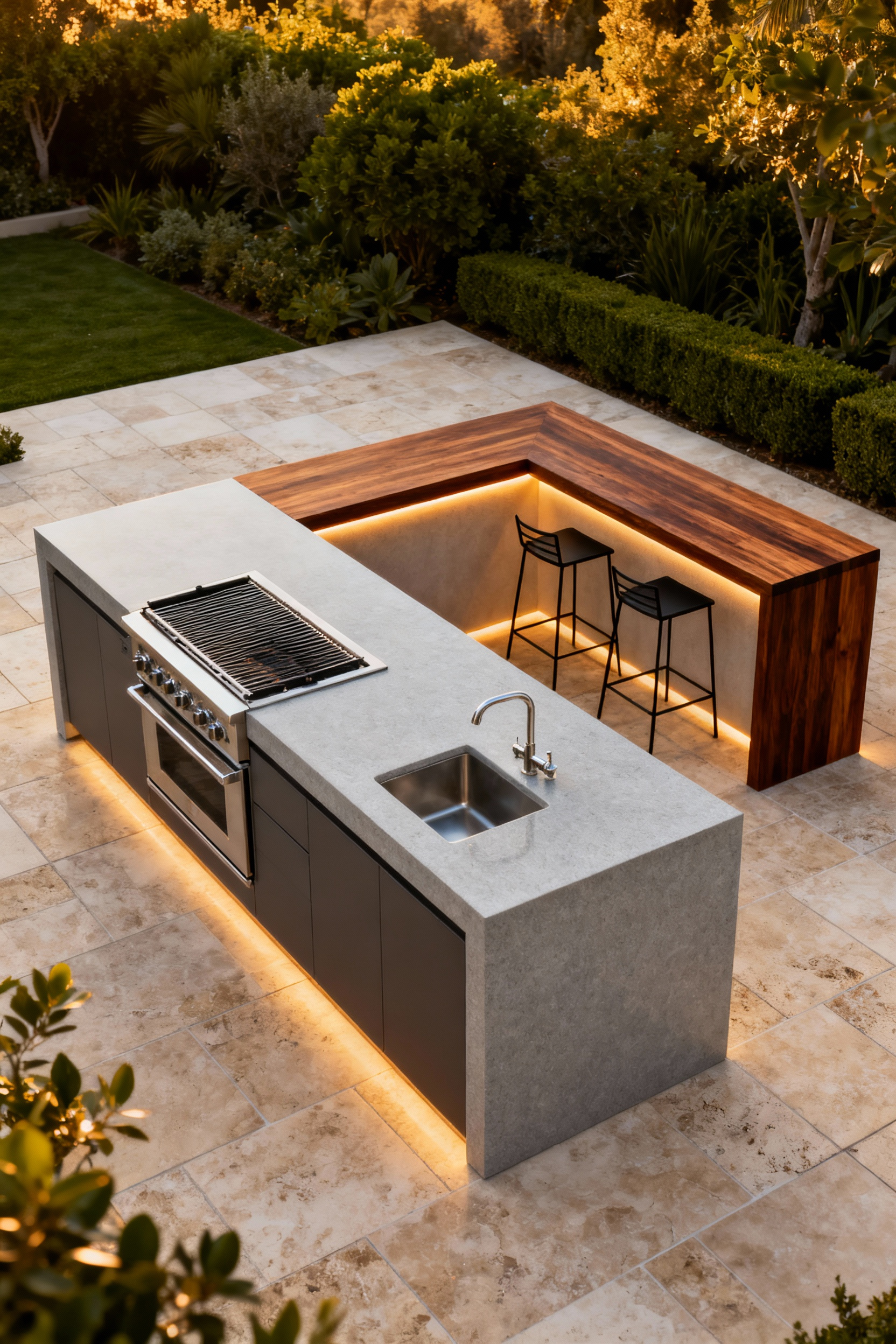Detailed view of a modern outdoor kitchen featuring a split-level countertop design with a lower prep area and a raised teak wood bar for interactive elevated seating, creating a chef's table experience.