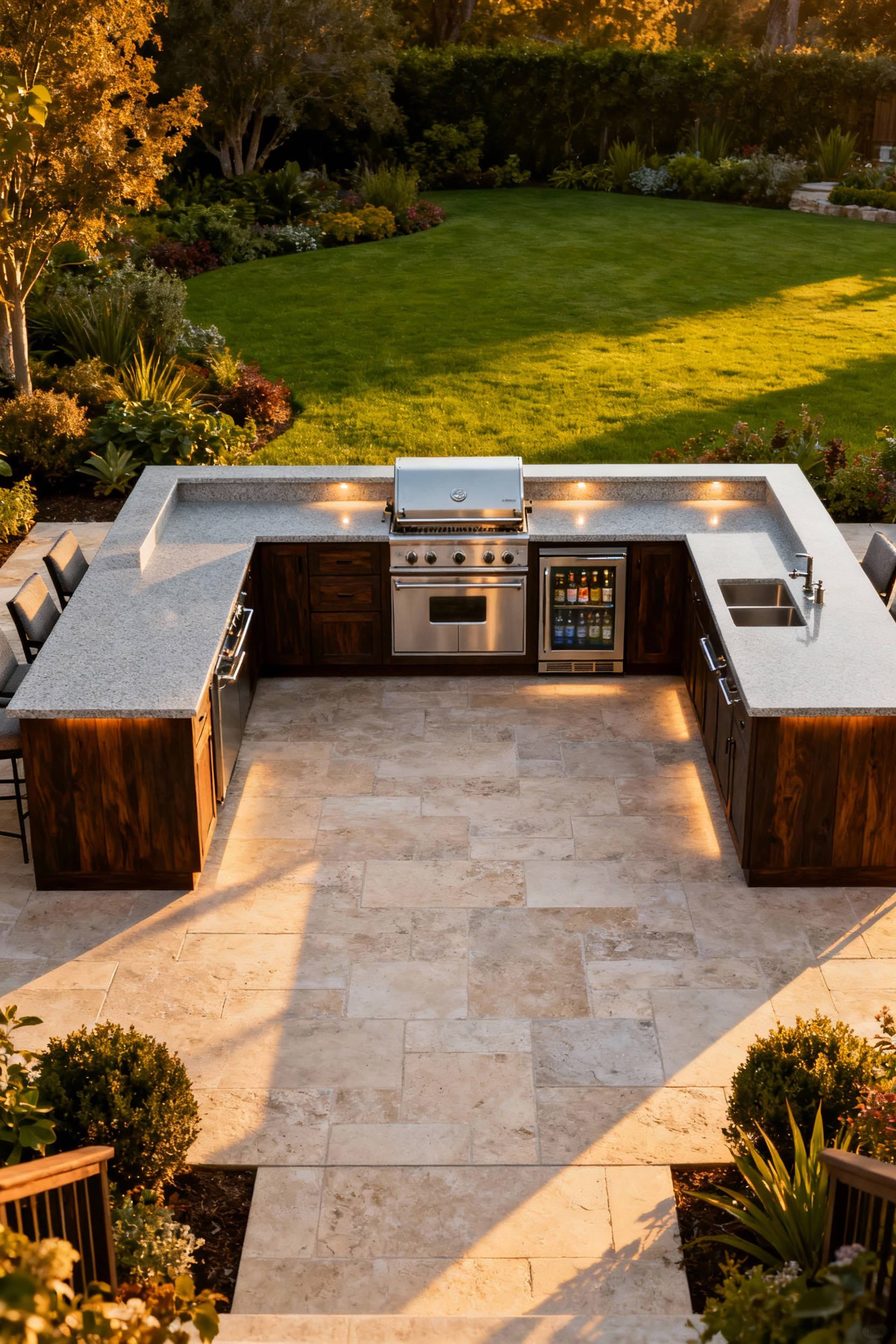 A modern U-shaped outdoor kitchen island design centered on a stone patio, designed specifically to face the gathering area and create a social hub within the lawn garden landscape.