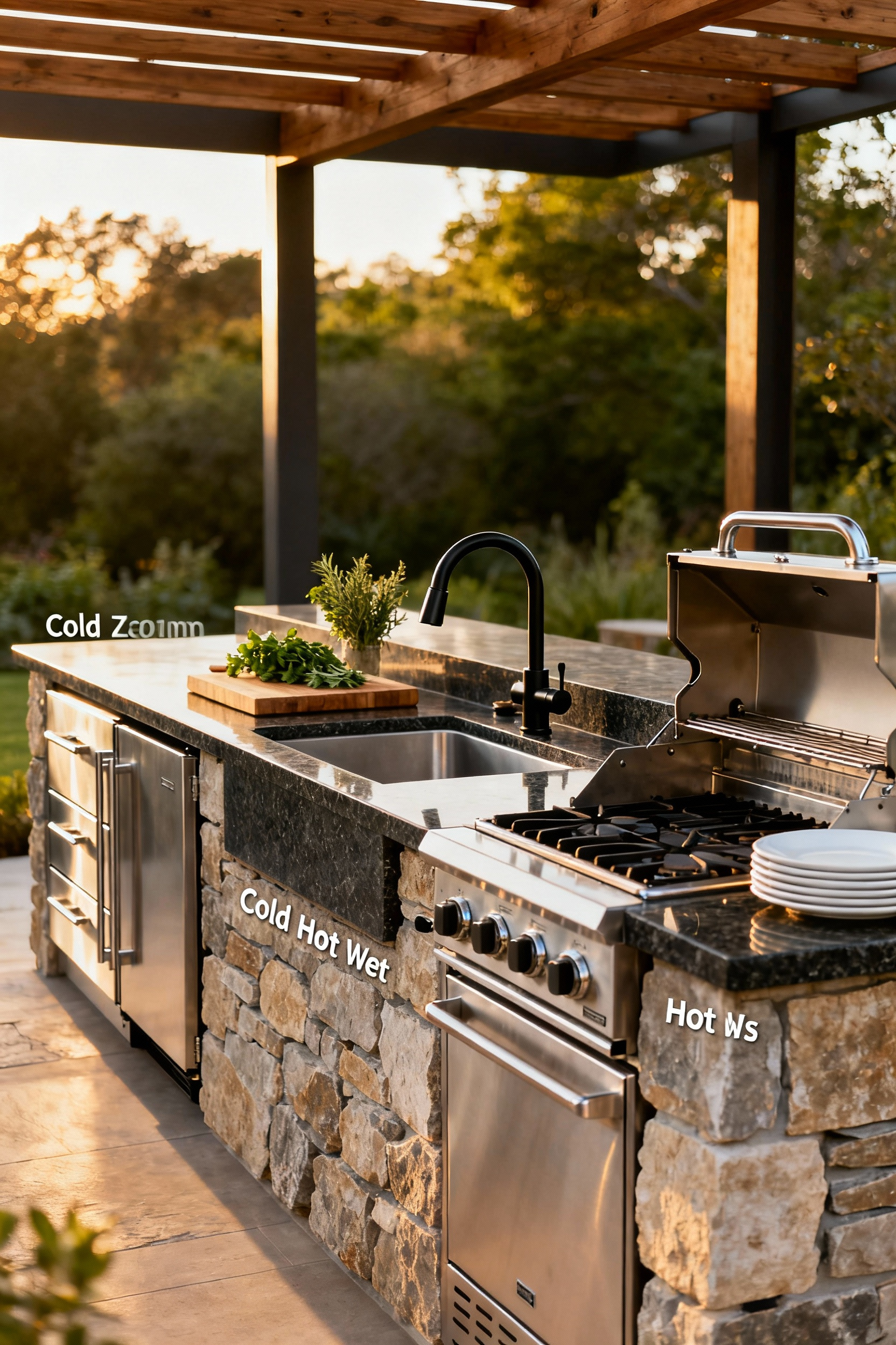 A luxurious, meticulously designed outdoor kitchen demonstrating the Cold-Hot-Wet layout: integrated refrigerator drawers, a large sink, and a built-in grill, all separated by expansive polished granite countertops to maximize landing space.
