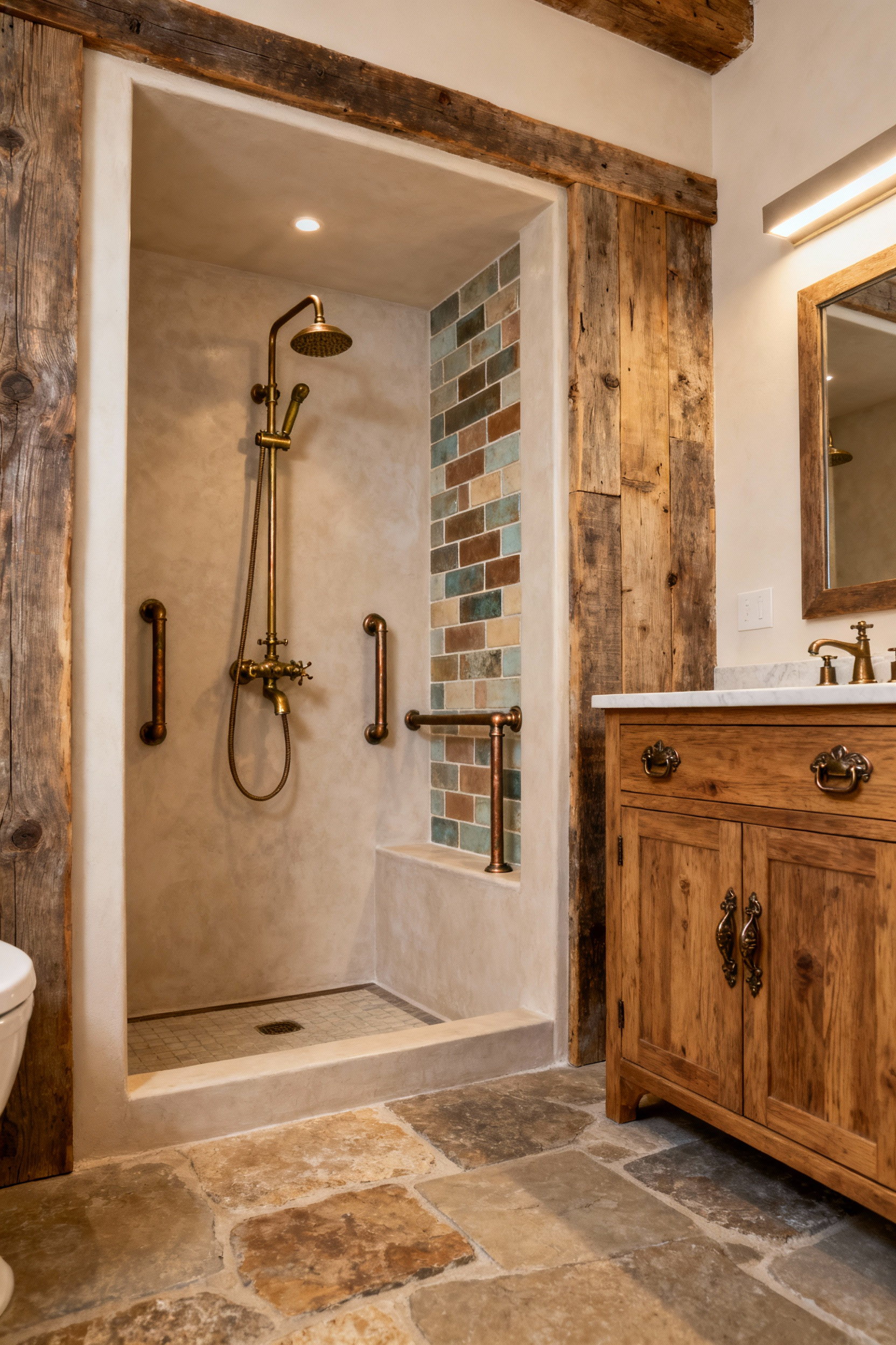 Farmhouse bathroom featuring patinated metals, aged brass faucet, copper hardware, and bronze grab bars against reclaimed wood and natural stone for a historic and durable aesthetic.
