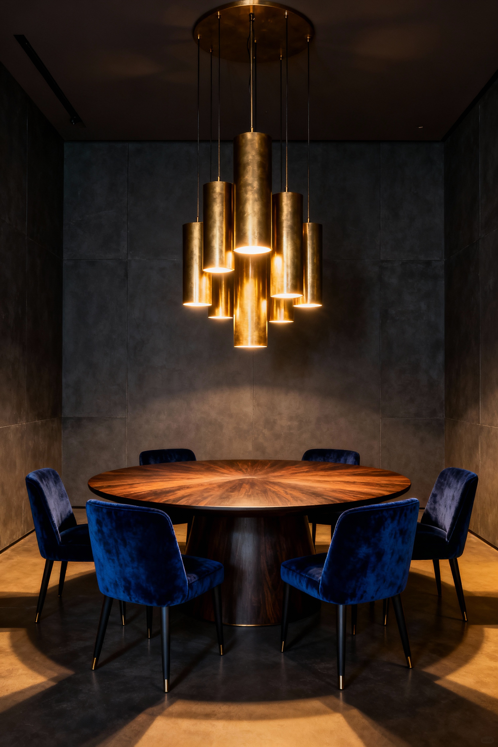A dramatic shot of a round dining table anchored by a staggered cluster of brushed brass pendant lights creating an intimate, concentrated light tent effect over the surface.