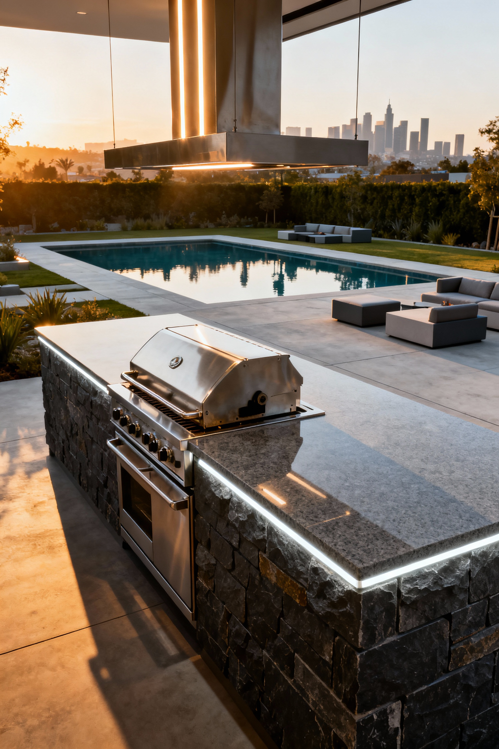 A luxurious modern outdoor kitchen island featuring a large built-in grill and quartz countertop, positioned to face a stylish patio and infinity pool, emphasizing social performance cooking.