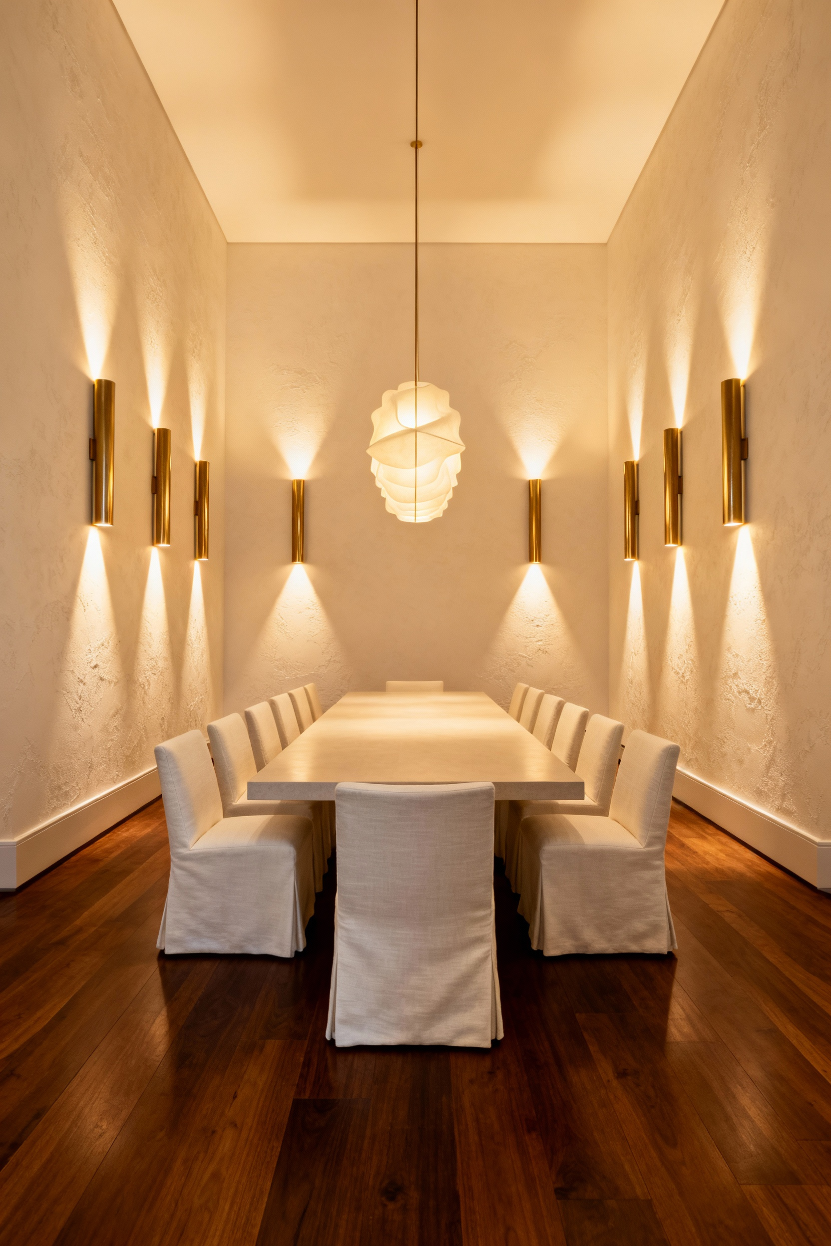 Wide view of a spacious dining room demonstrating how bidirectional wall sconces create a soft perimeter glow, eliminating corner shadows to visually widen the space.