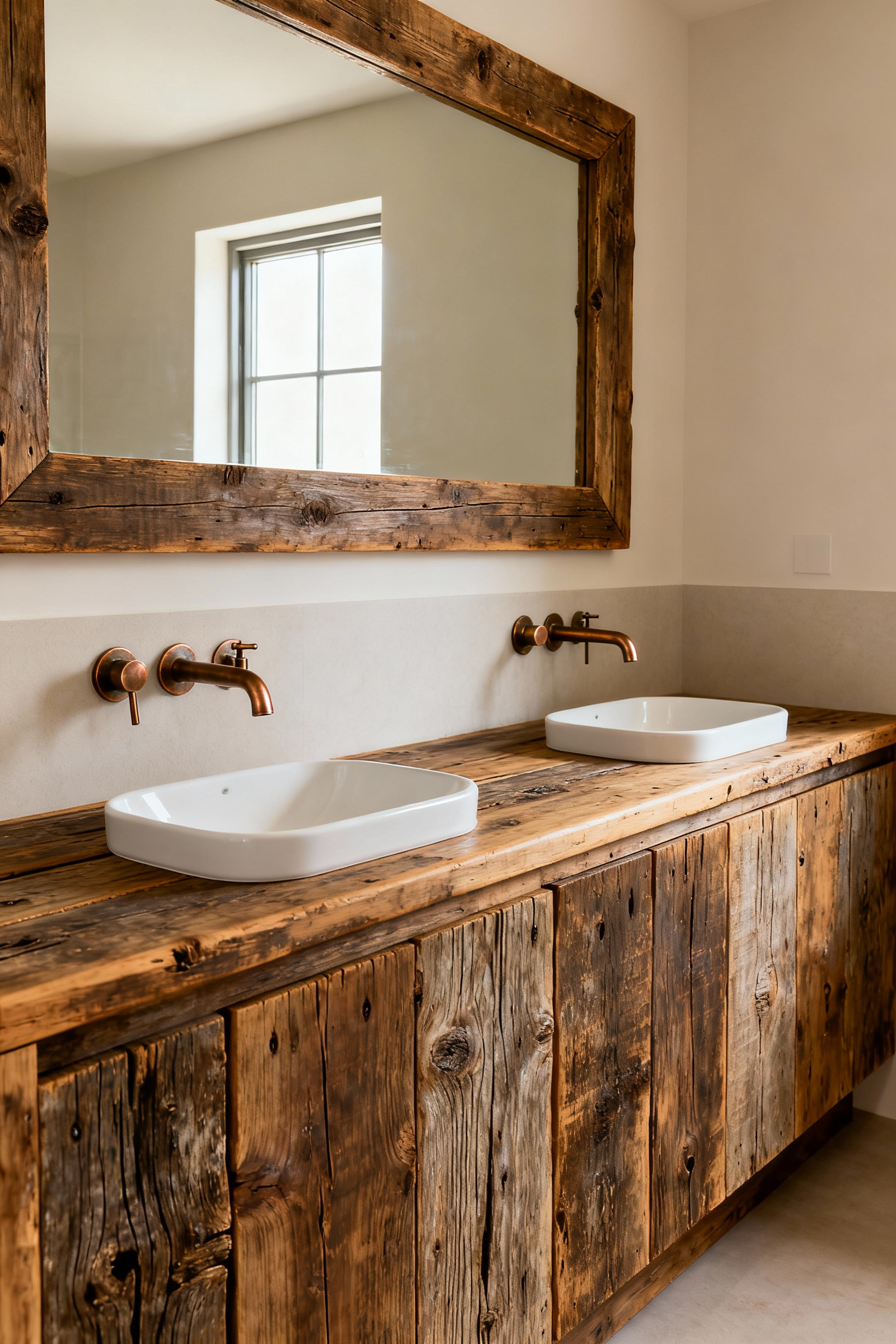 Farmhouse bathroom featuring a reclaimed barnwood vanity and mirror frame, showcasing rich wood textures, soft lighting, and accessible design for an ancestral, biophilic feel.