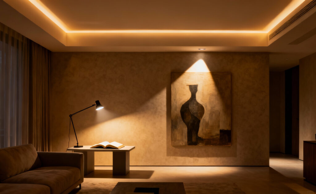 Modern living room demonstrating hierarchical lighting with ambient, task, and accent light layers, creating visual depth and defined zones.