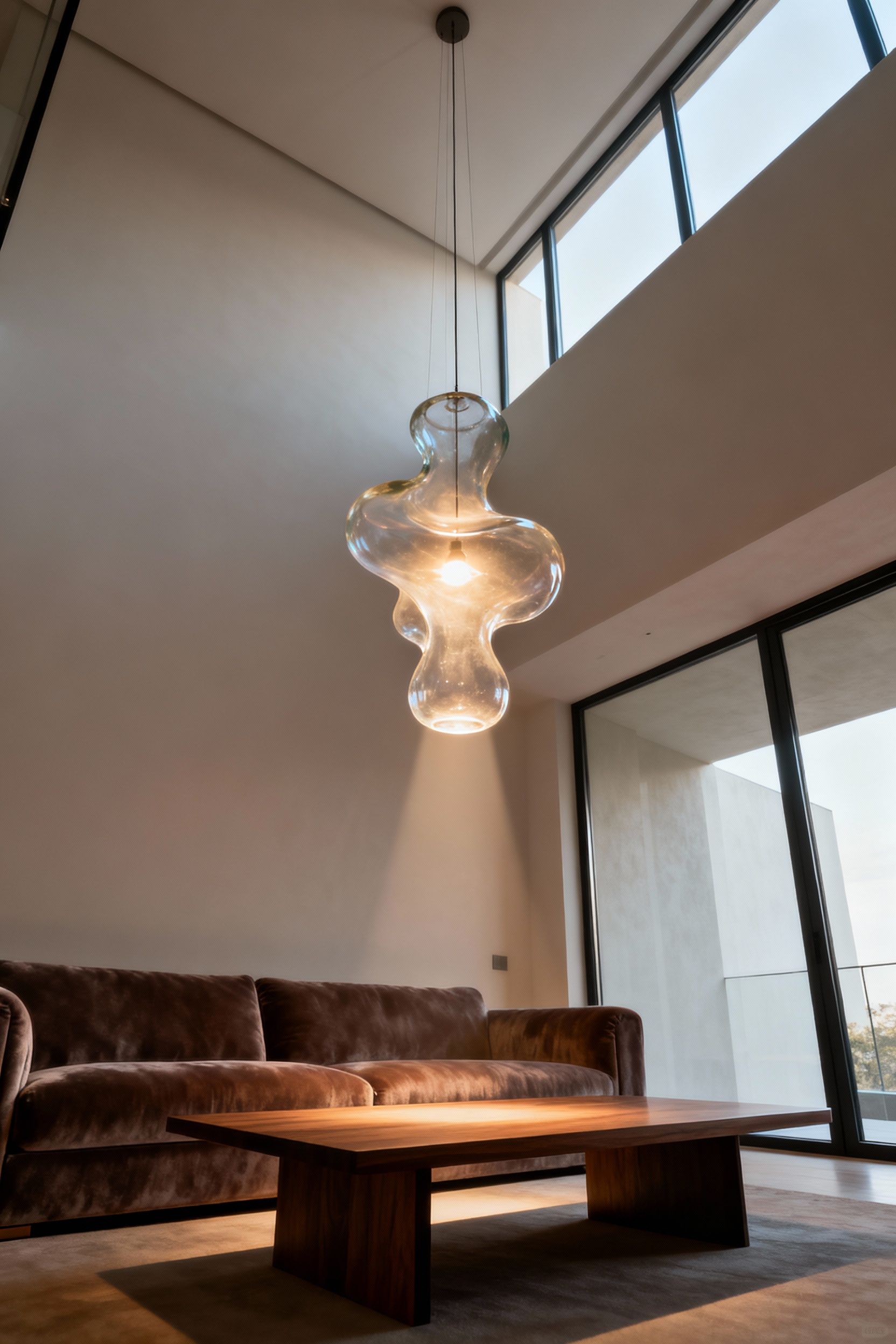 Sculptural pendant light in modern living room, central focal point, high ceilings, vertical interest.