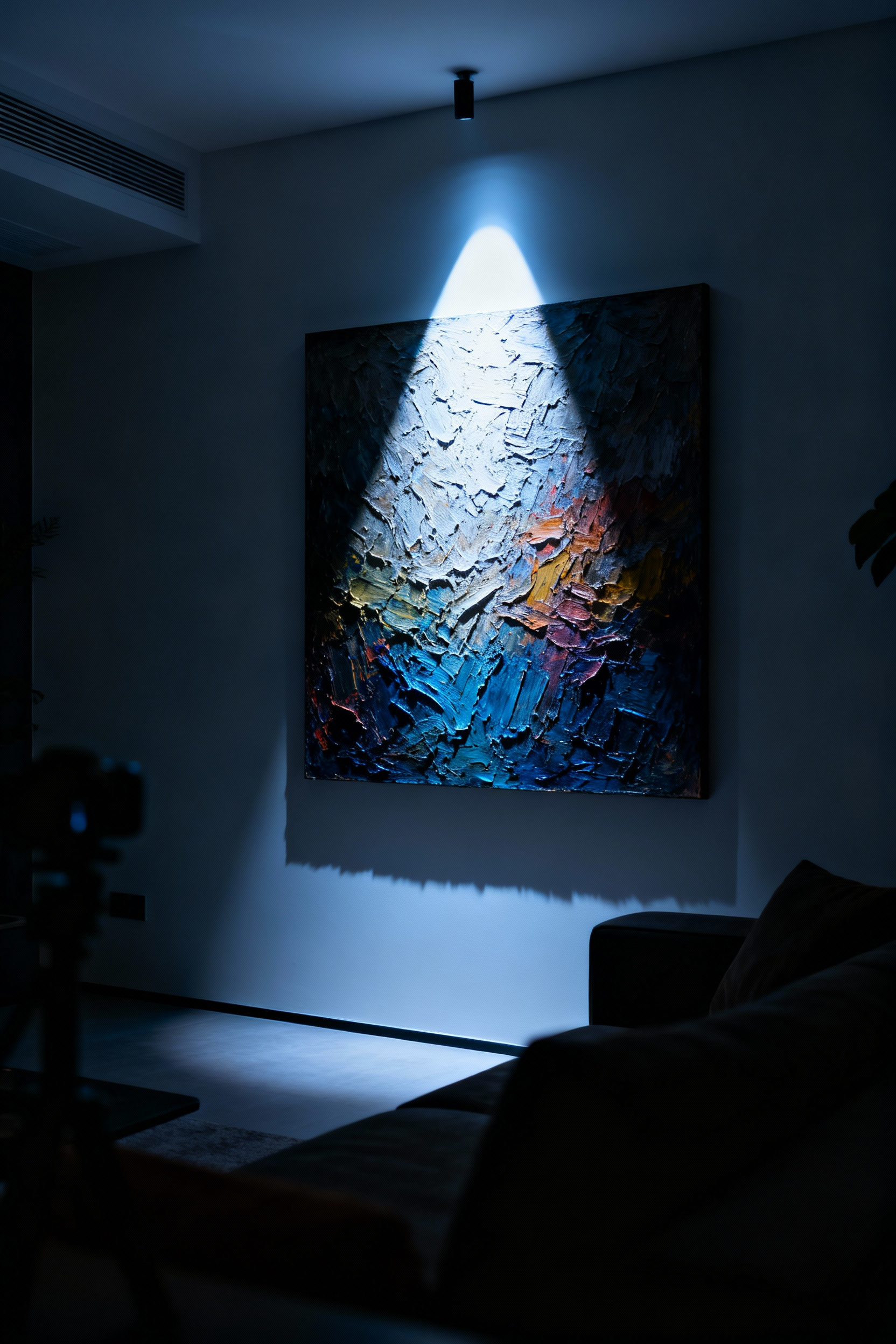 Striking portrait image of a large, framed abstract painting on a minimalist living room wall, brilliantly highlighted by a narrow beam spotlight creating dramatic contrast and emphasizing artistic detail.