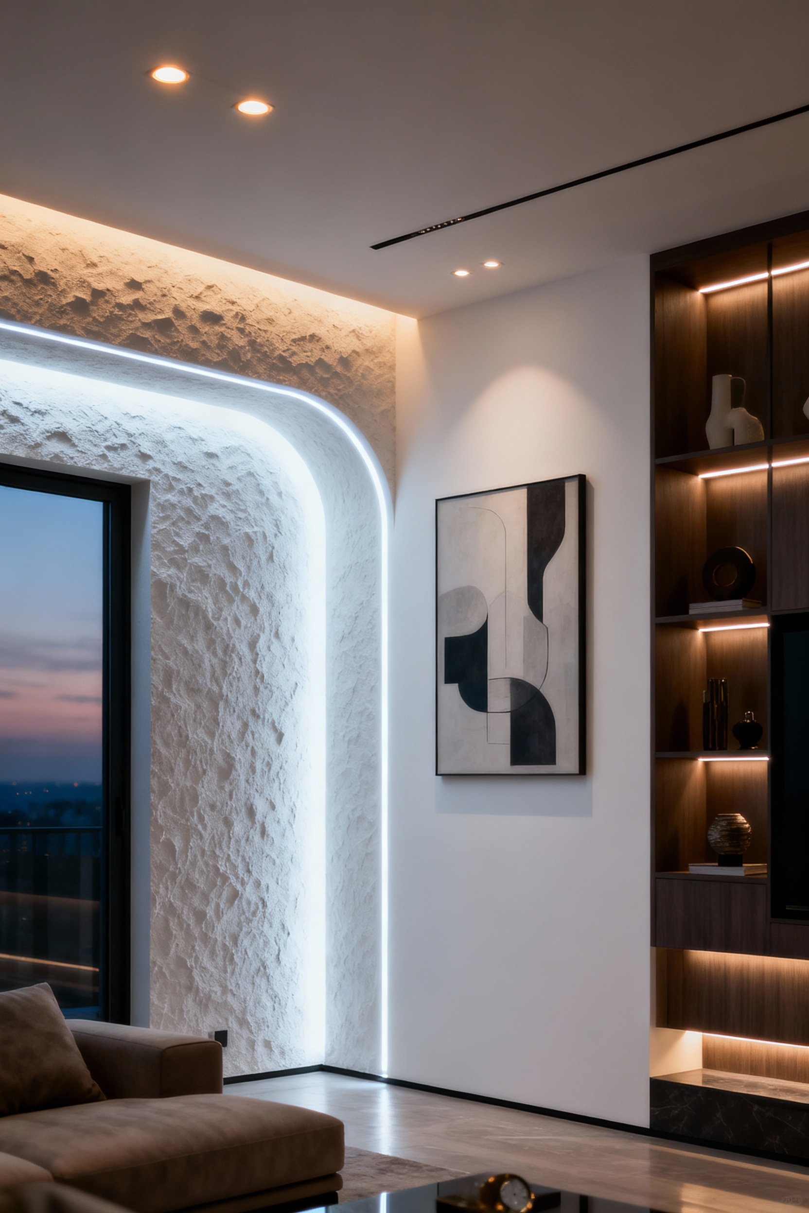 Modern living room at dusk with advanced integrated smart lighting, showcasing tunable white cove lighting, accent lights on art, and soft ambient illumination controlled by an unseen system.