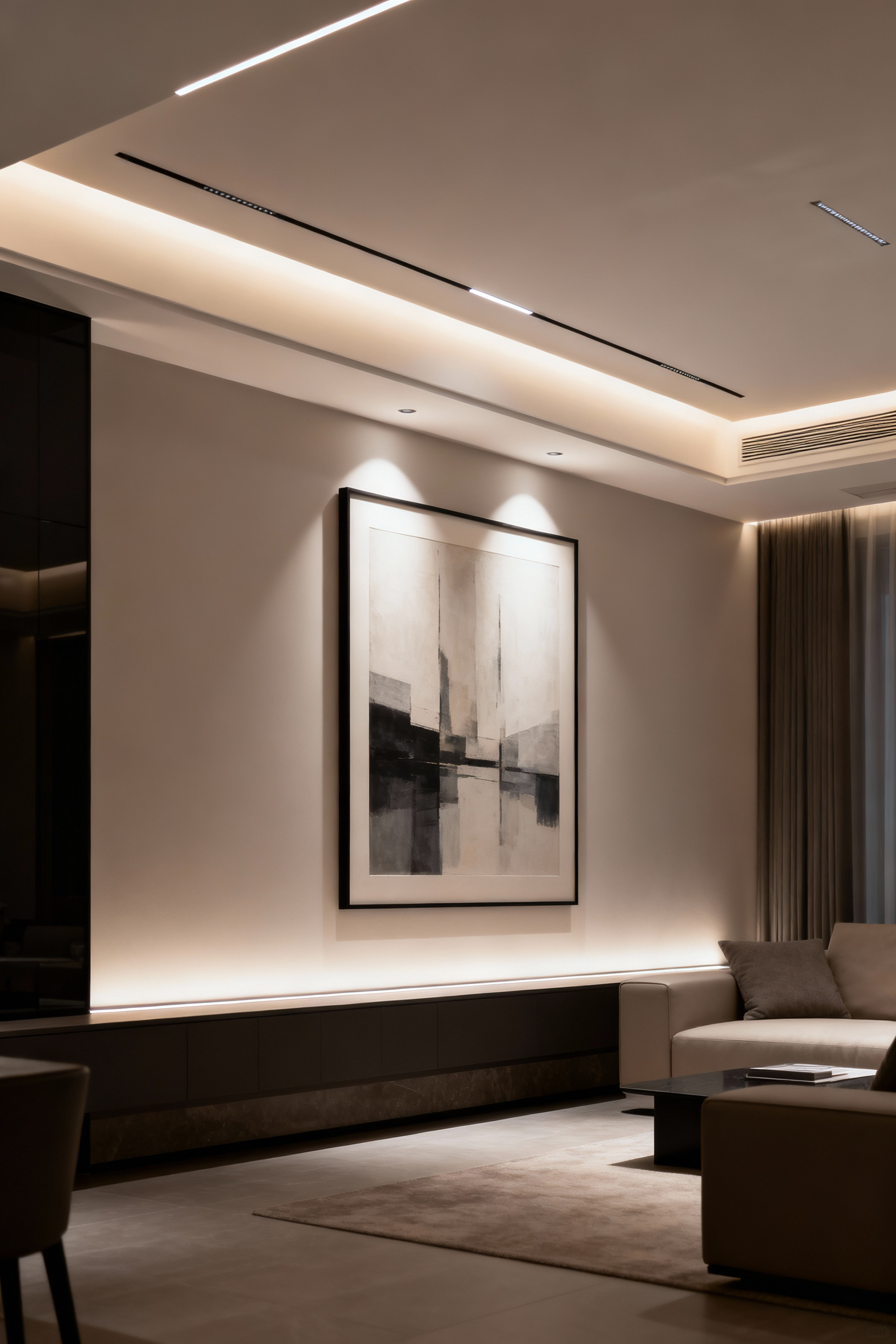 Modern living room showcasing expertly mitigated glare, with art illuminated by diffused light from hidden sources, creating a serene and comfortable ambiance.