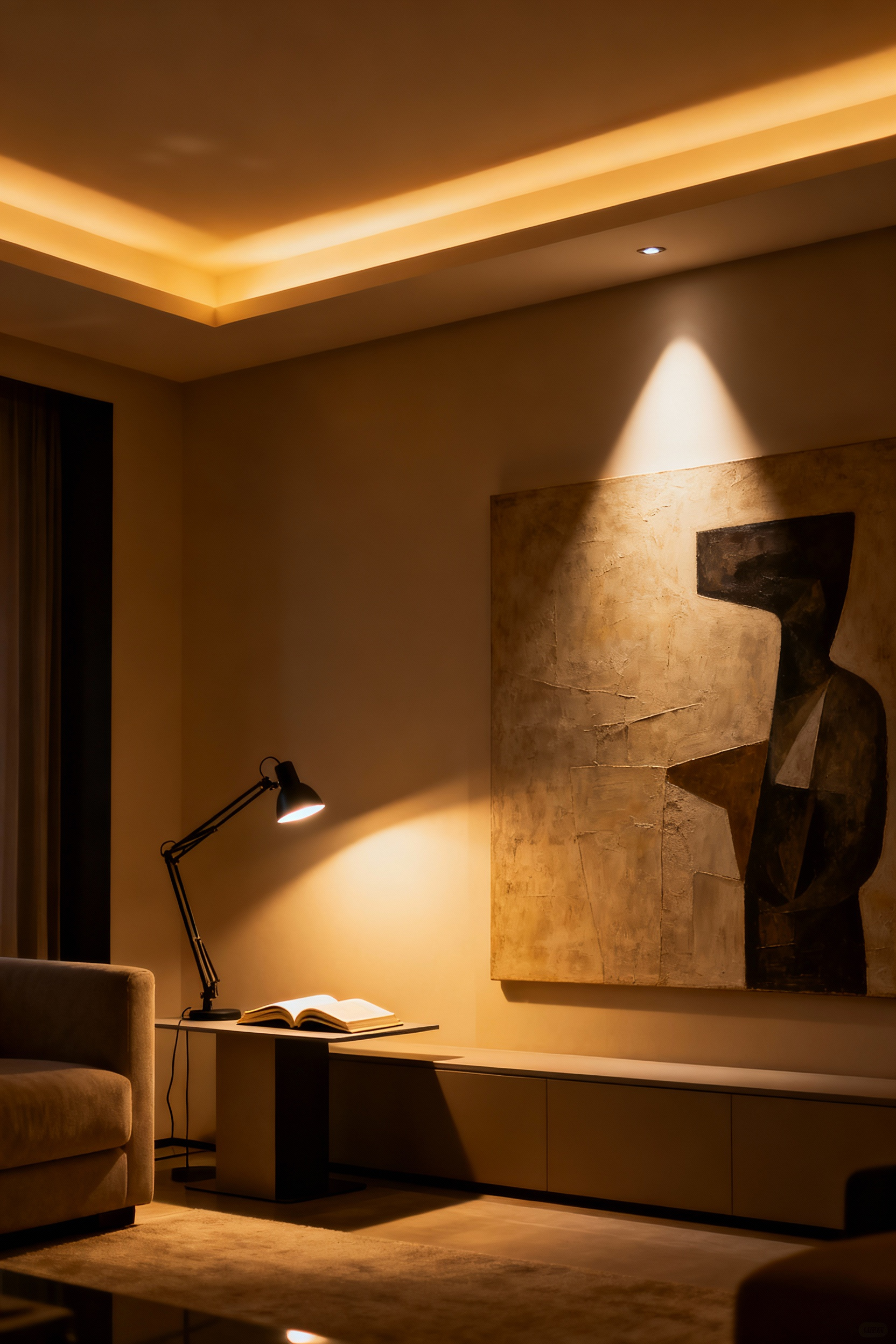 Modern living room demonstrating hierarchical lighting with ambient, task, and accent light layers, creating visual depth and defined zones.