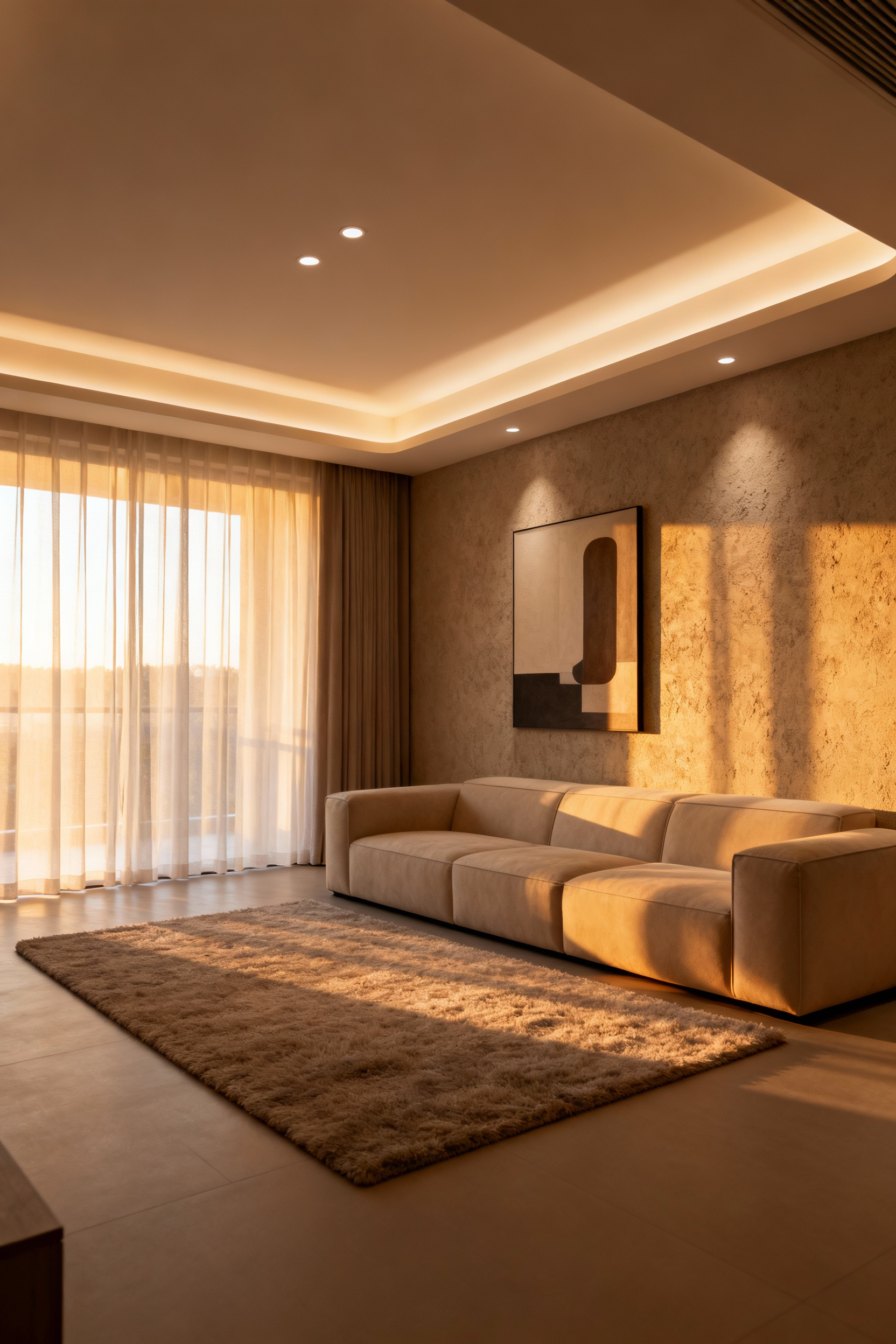 Modern living room with warm tunable white lighting creating a cozy, serene atmosphere, emphasizing well-being and circadian alignment.